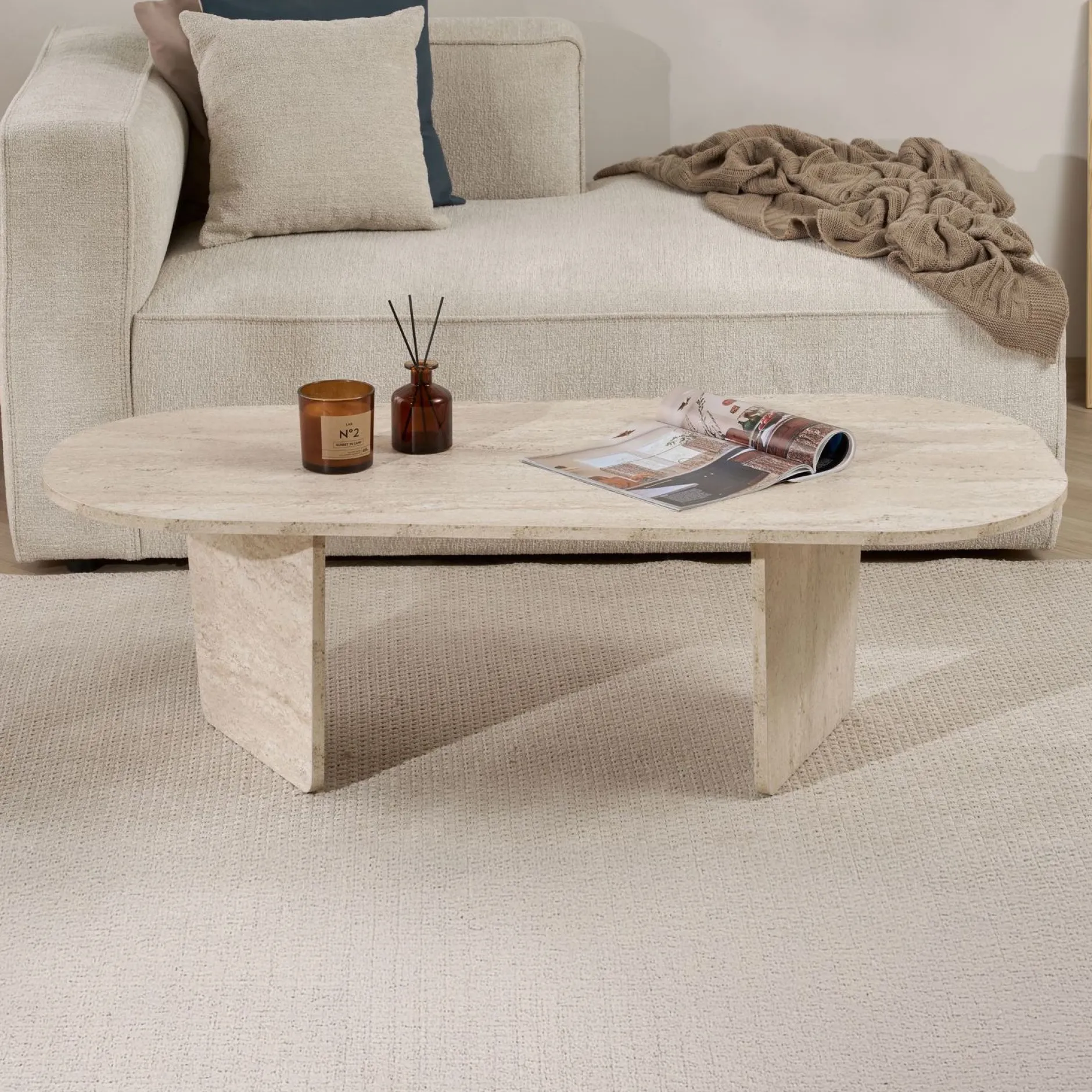 Couchtisch Ovalis - 100% MELAMINE - Travertin - 40 x 65 x 130 cm