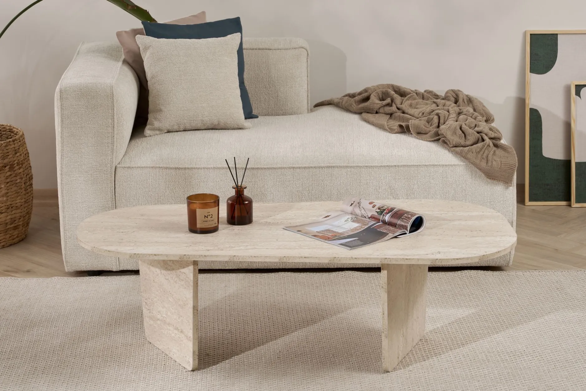 Couchtisch Ovalis - 100% MELAMINE - Travertin - 40 x 65 x 130 cm