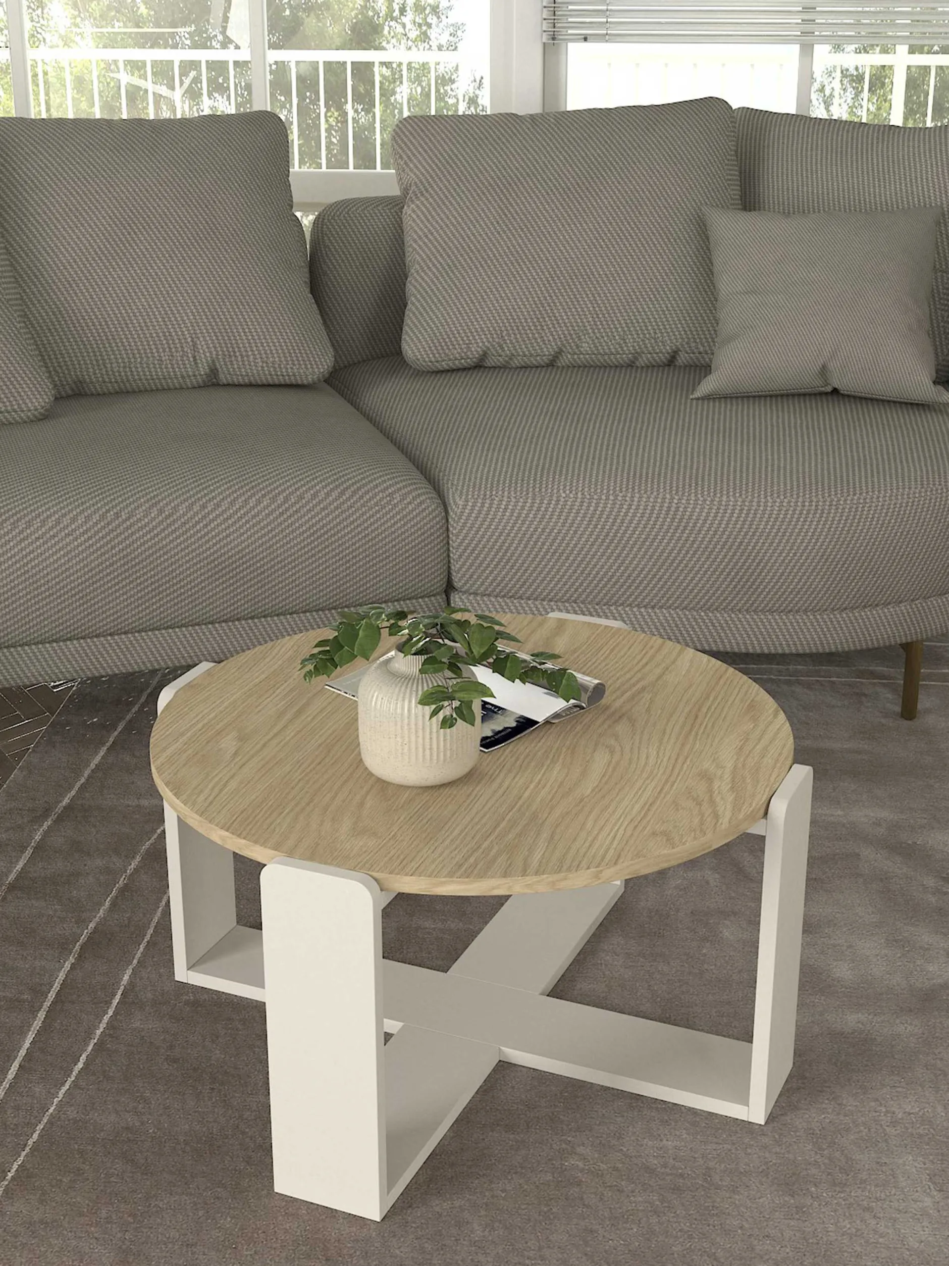 Couchtisch Rebel - Ø70x38cm - weiß/Eiche Dekor
