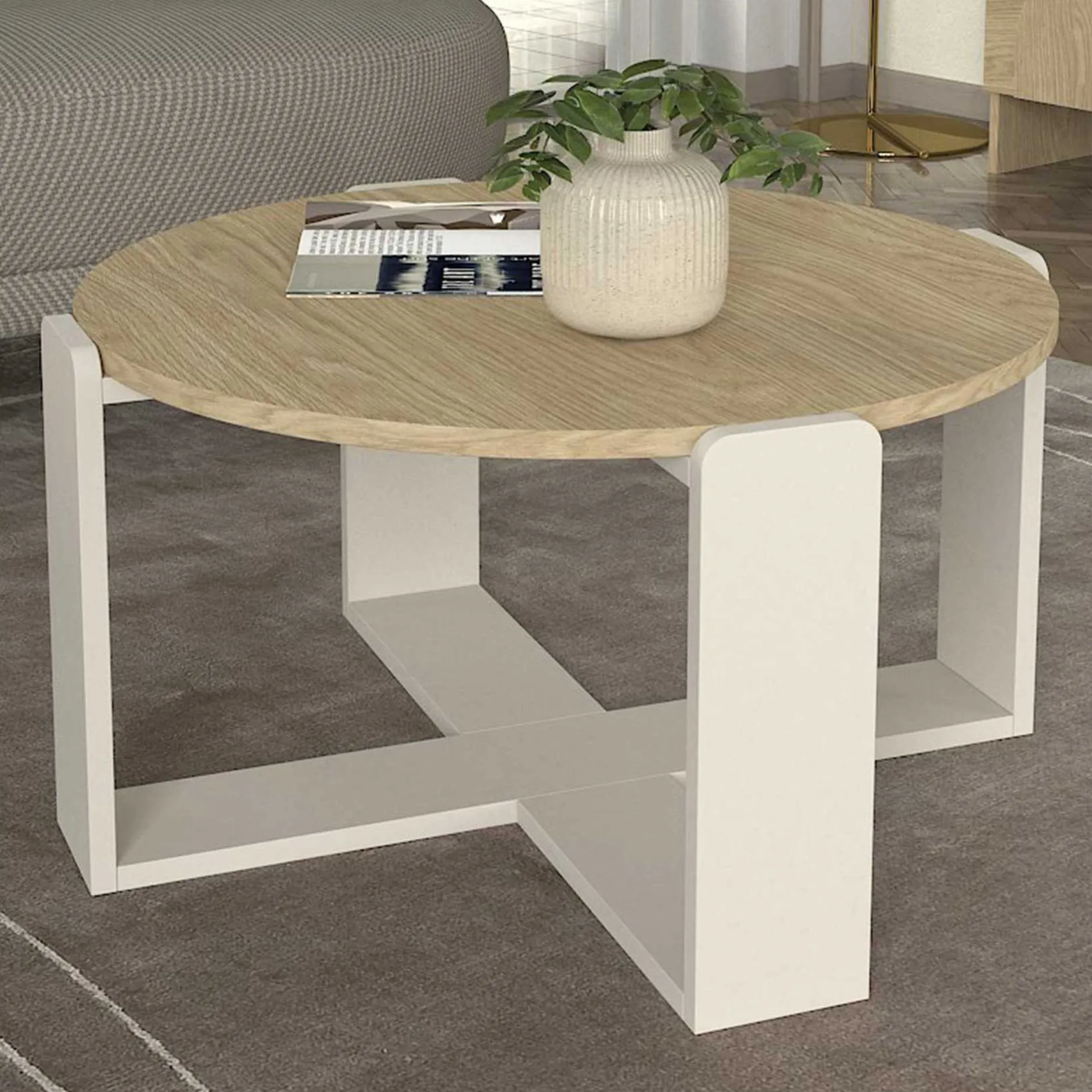 Couchtisch Rebel - Ø70x38cm - weiß/Eiche Dekor