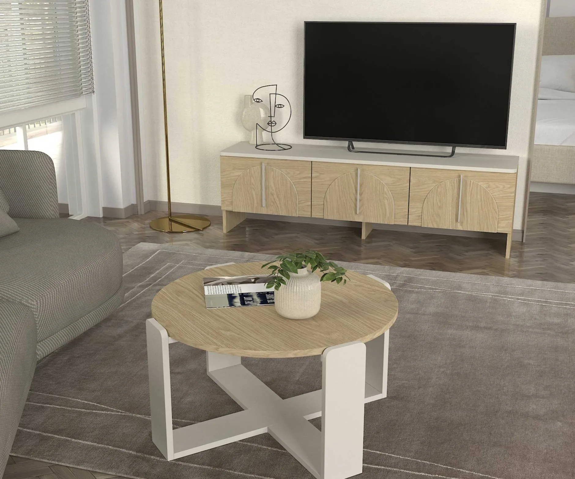Couchtisch Rebel - Ø70x38cm - weiß/Eiche Dekor