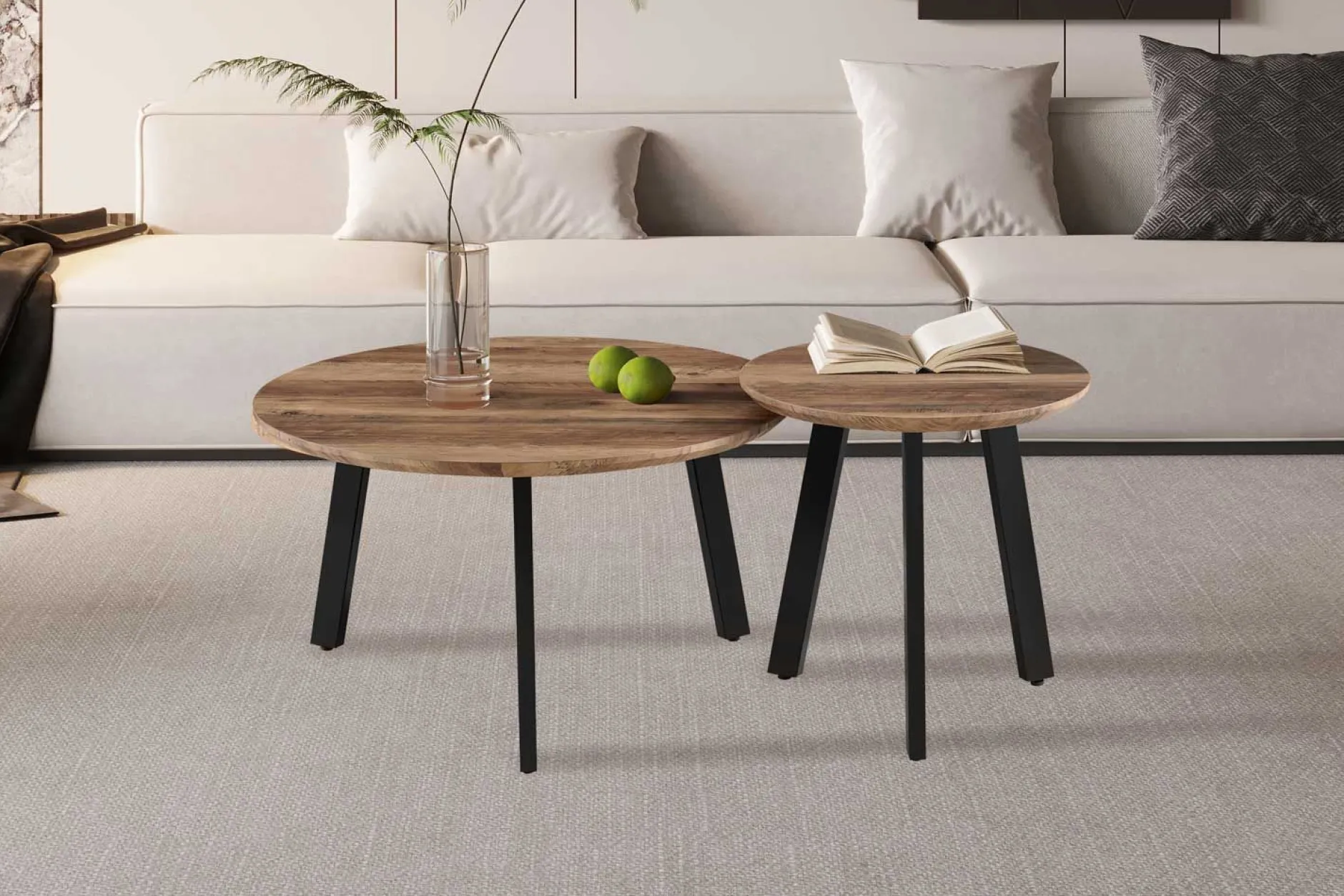 Couchtisch-Set Aziz - Ø50x50cm und Ø80x45cm - Mangoholz/schwarz