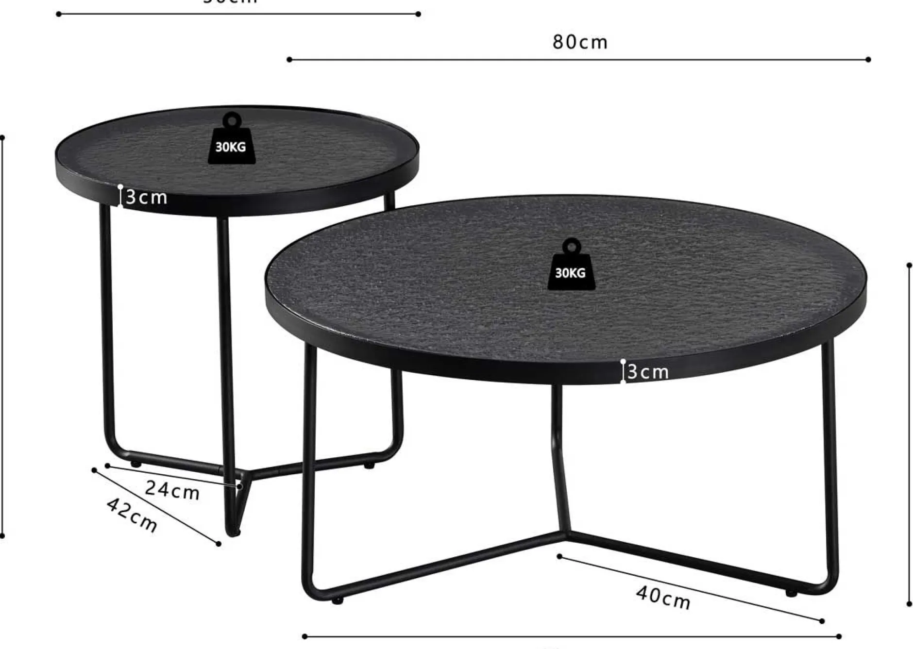 Couchtisch-Set Melia - Ø50x50cm und Ø80x40cm - Glas - schwarz