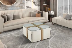 Couchtisch-Set mit vier Hockern Shana | 90 x 90 x 45 cm | Weiß - Glas