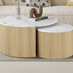 Couchtisch-Set Rowan - Ø80x42cm und Ø50x37cm - Eiche Dekor/Marmor