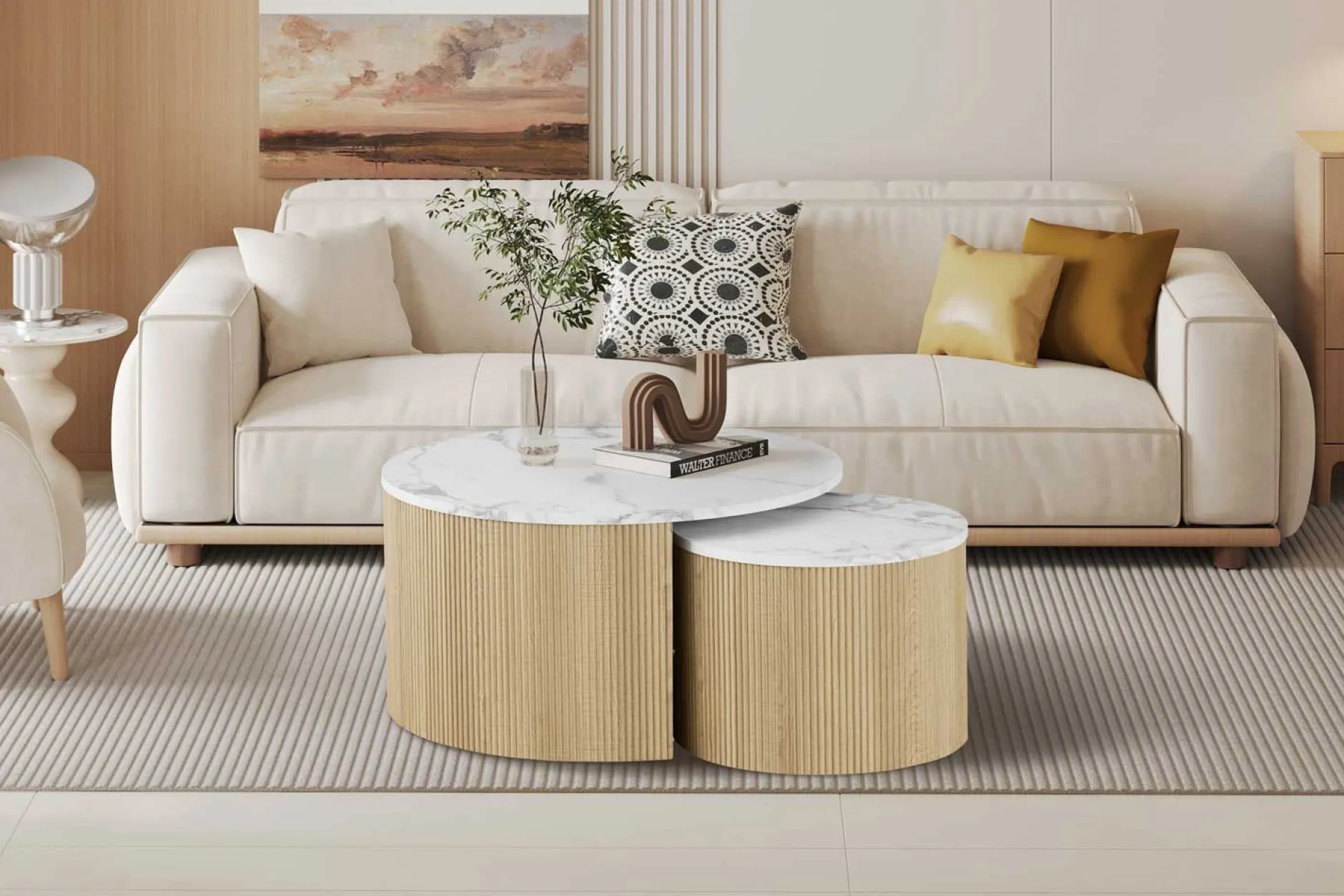 Couchtisch-Set Rowan - Ø80x42cm und Ø50x37cm - Eiche Dekor/Marmor