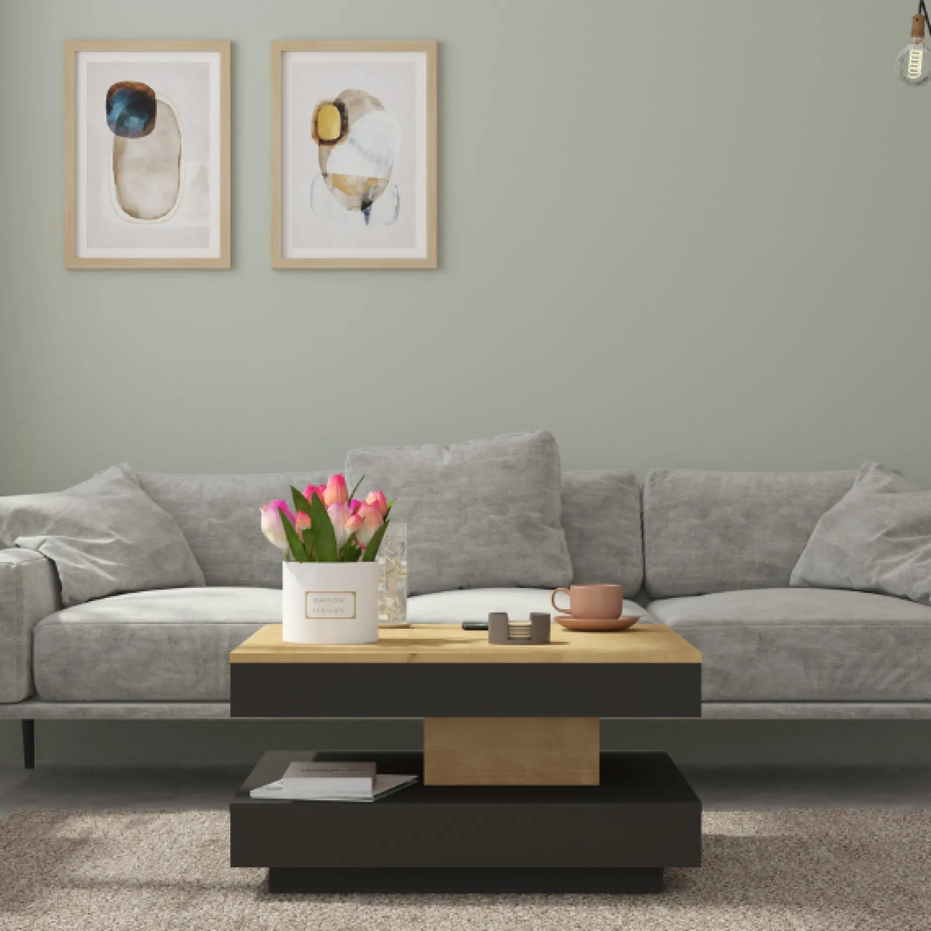 Couchtisch Soho 78x78 cm mit ausziehbarer Tischplatte - beige/ dunkelgrau