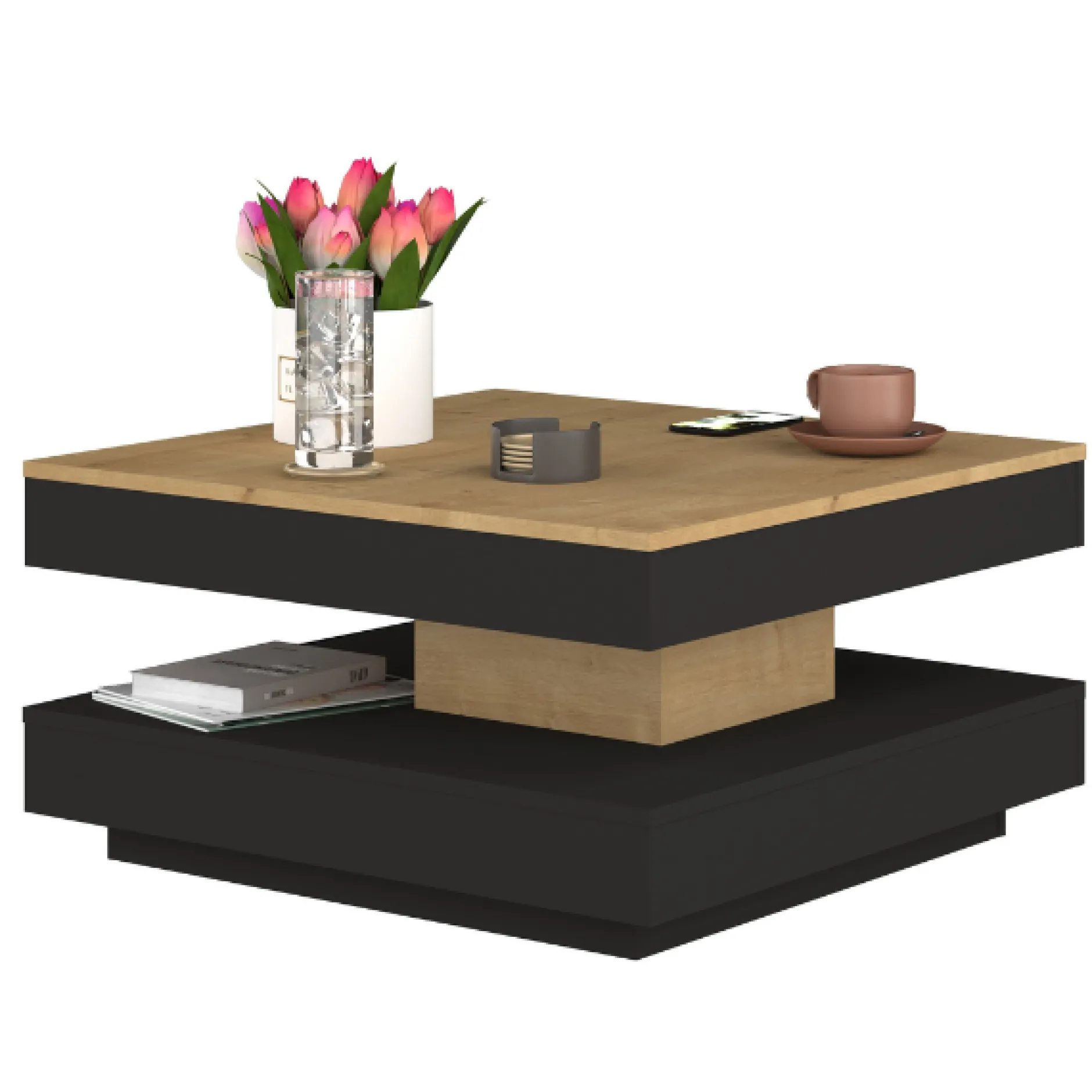 Couchtisch Soho 78x78 cm mit ausziehbarer Tischplatte - beige/ dunkelgrau