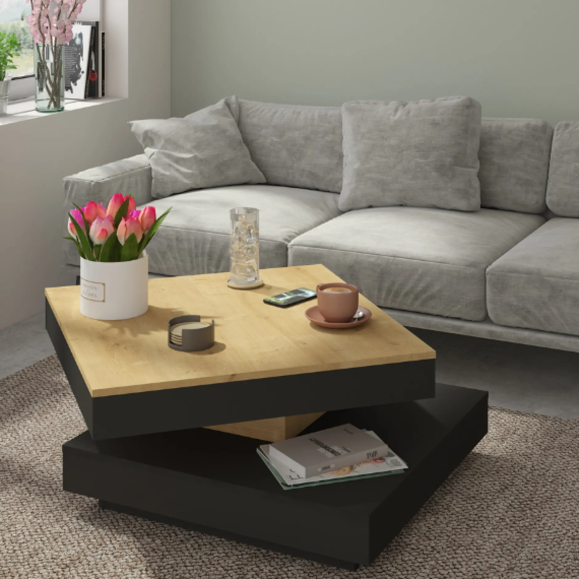 Couchtisch Soho 78x78 cm mit ausziehbarer Tischplatte - beige/ dunkelgrau