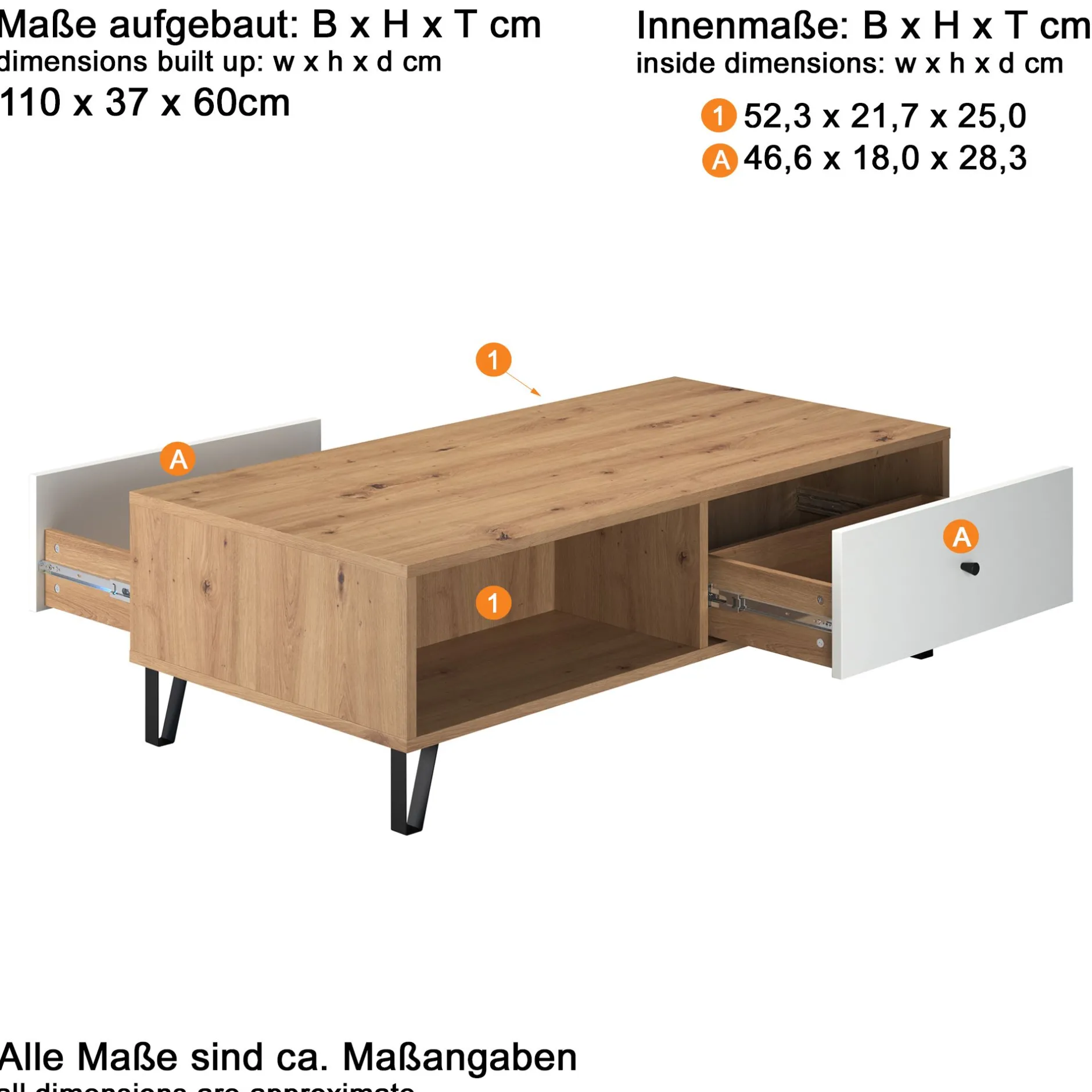 Couchtisch Touch | 110 x 60 x 37 cm | Artisan Oak Design
