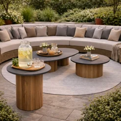 Couchtisch Viola Ø42cm Gescova - Teakholz und gesinterter Stein - Dunkelgrau