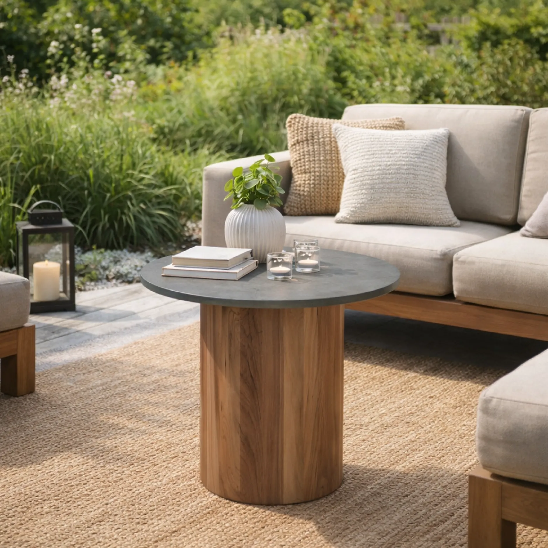 Couchtisch Viola Ø42cm Gescova - Teakholz und gesinterter Stein - Dunkelgrau