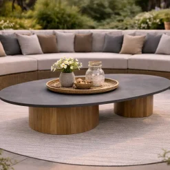 Couchtisch Viola 140x90cm Teakholz & gesinterter Stein Dunkelgrau