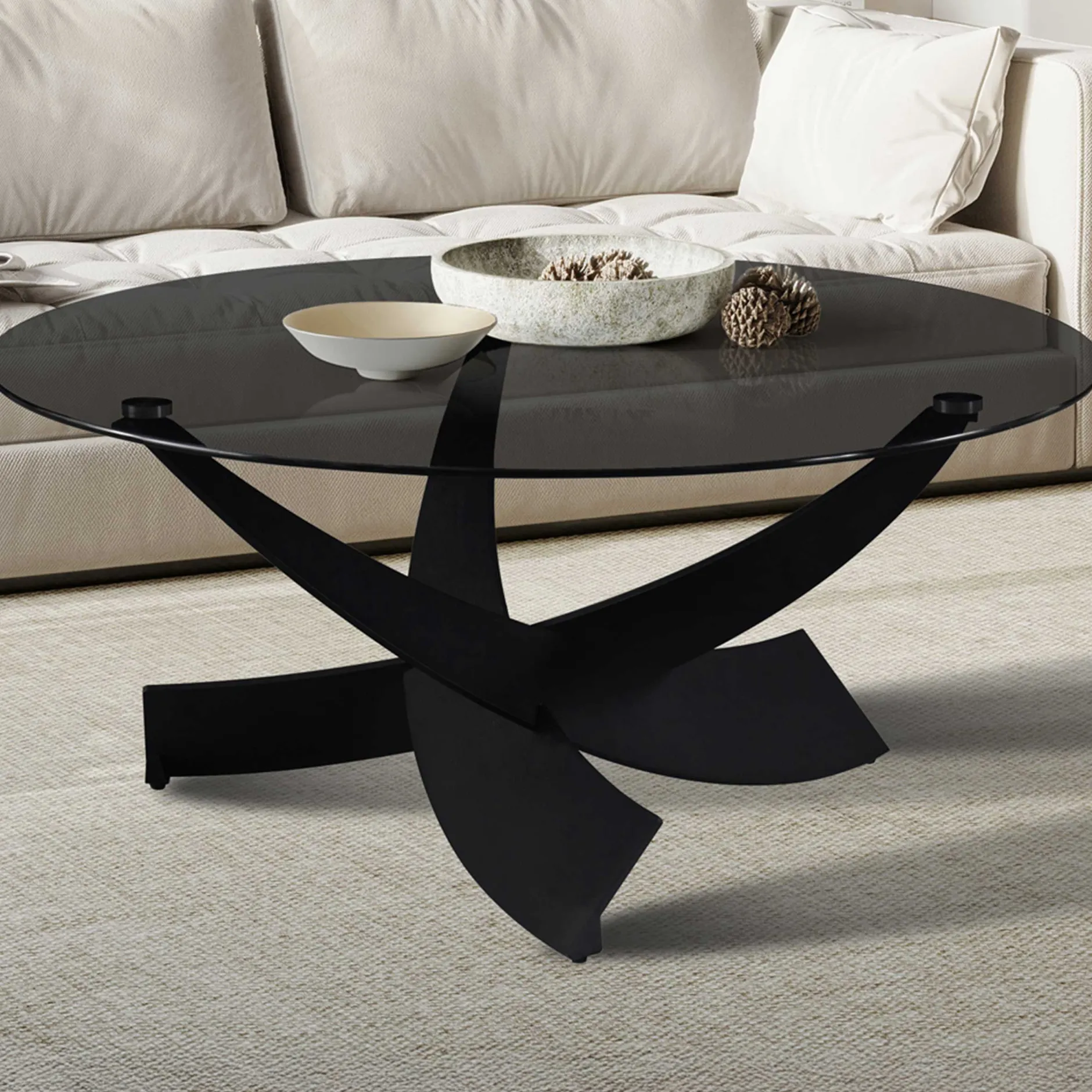 Couchtisch Weston - Ø90x41cm - Glas und Metall - schwarz