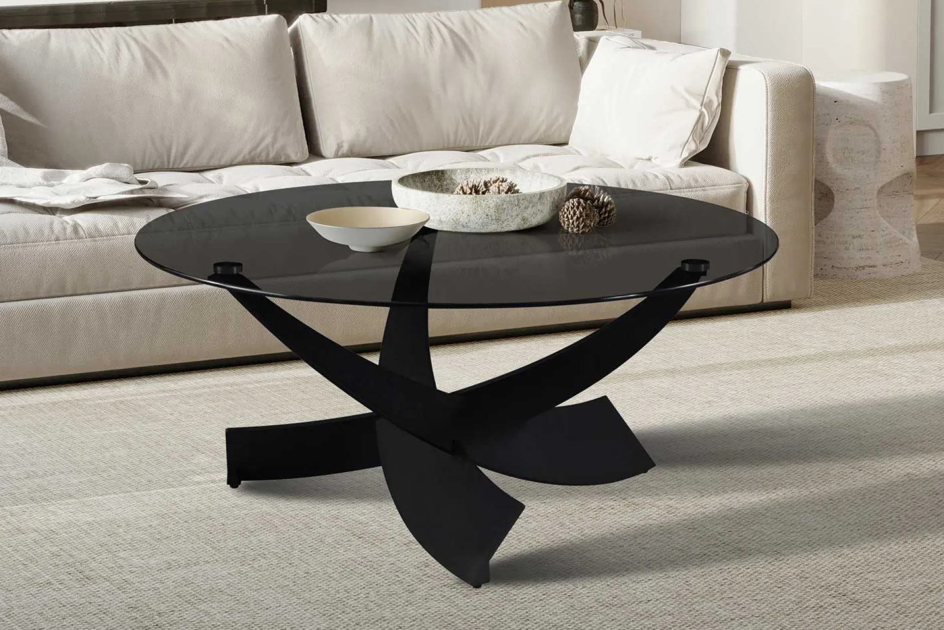 Couchtisch Weston - Ø90x41cm - Glas und Metall - schwarz