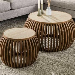 Curve Nuovo Travertin Couchtisch-Set - Massivholz Mango