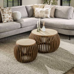 Curve Nuovo Travertin Couchtisch-Set - Massivholz Mango