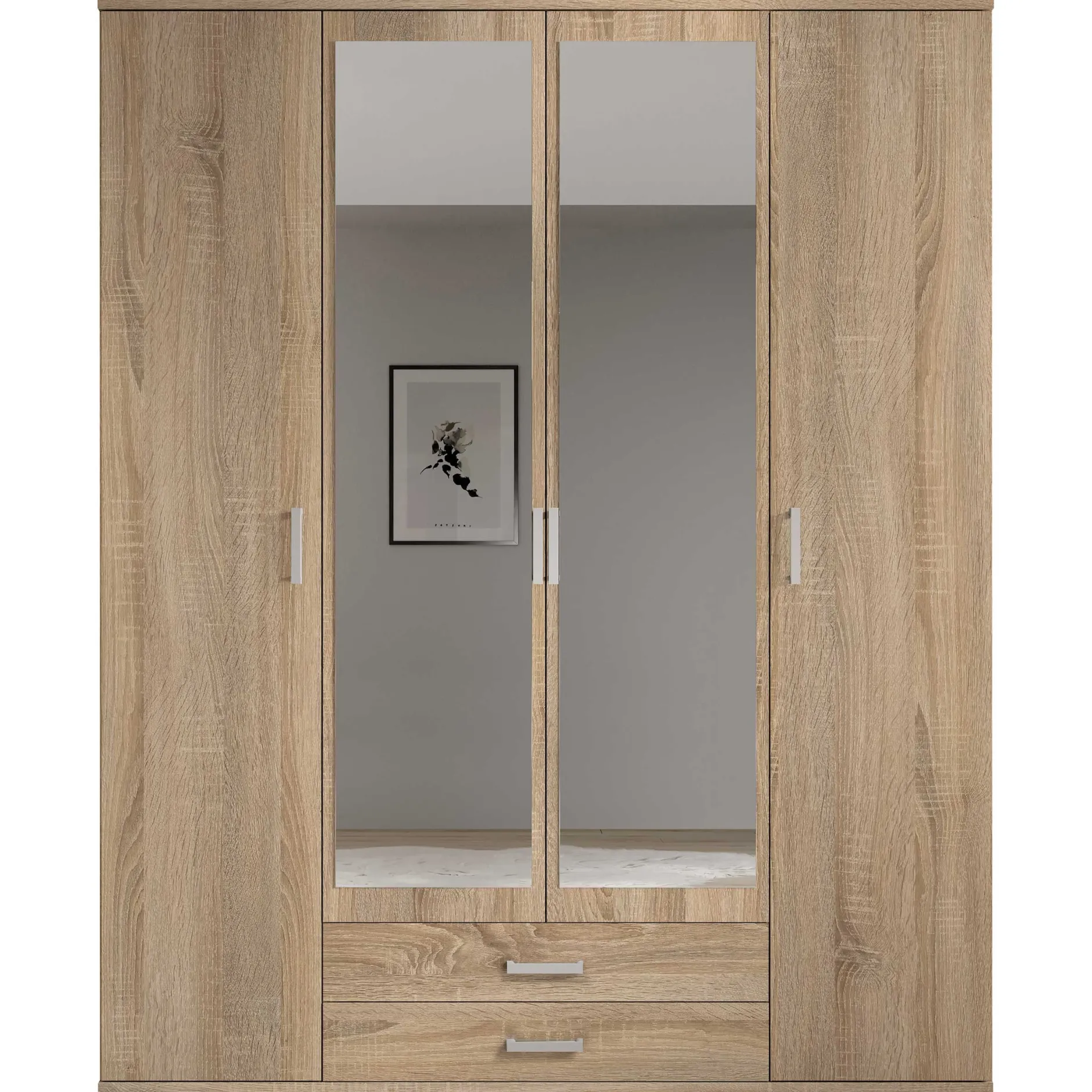 Daniela 160cm Kleiderschrank mit 4 Türen 2 Schubladen und Spiegel - Eiche