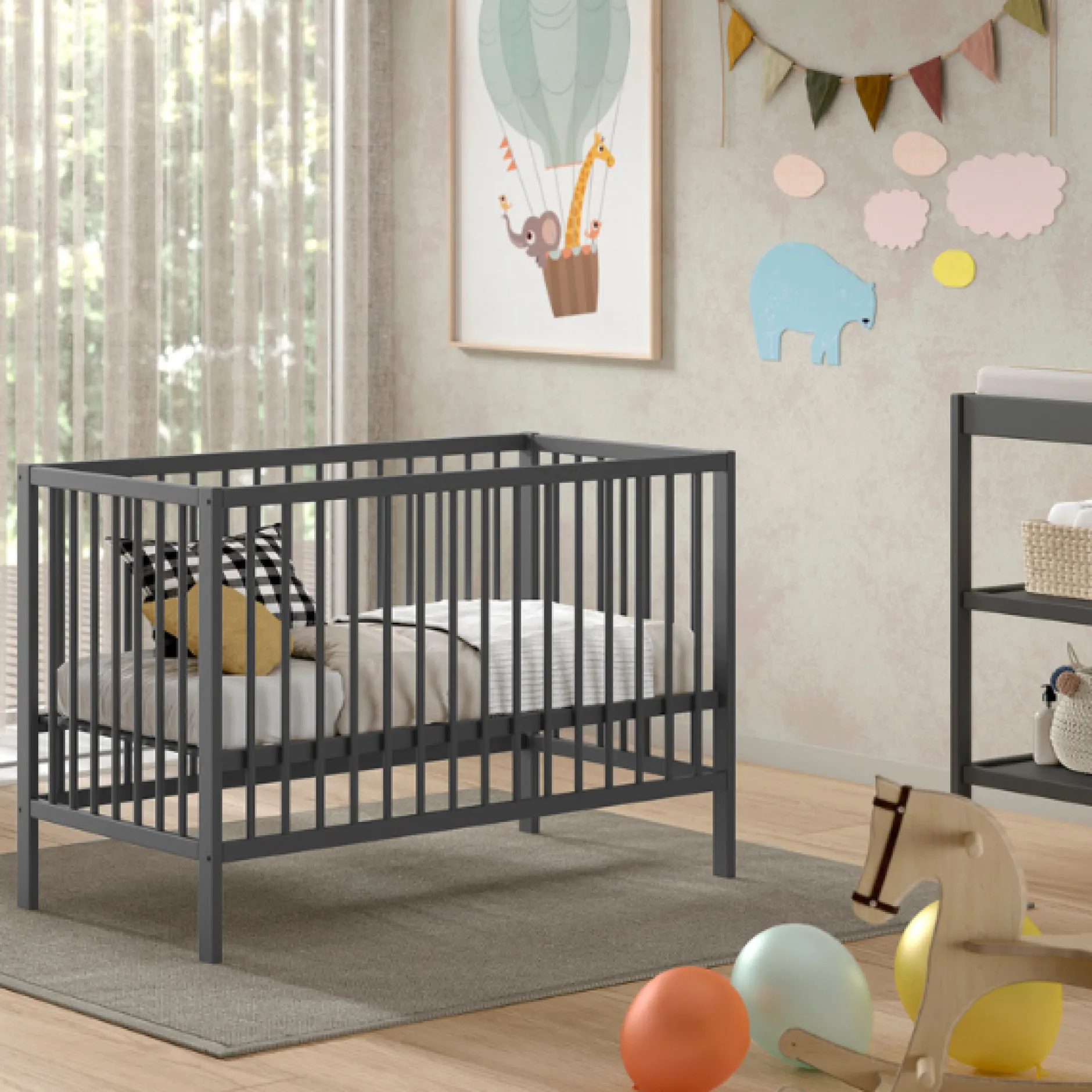 Dino Babybett | 60 x 120 cm | verstellbar | Kiefer anthrazit