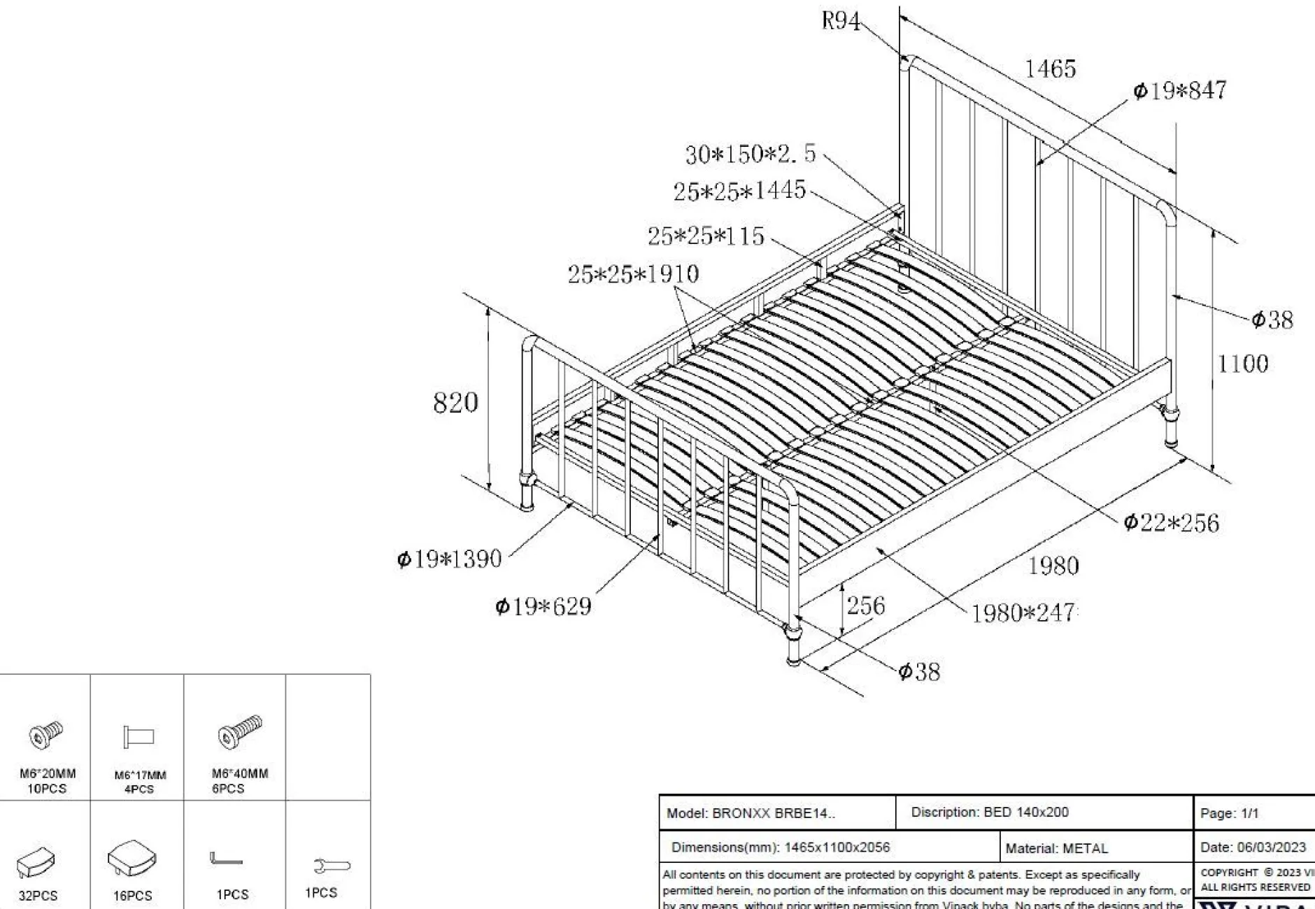 Doppelbett Bronxx Metall 140x200 - matt olivgrün