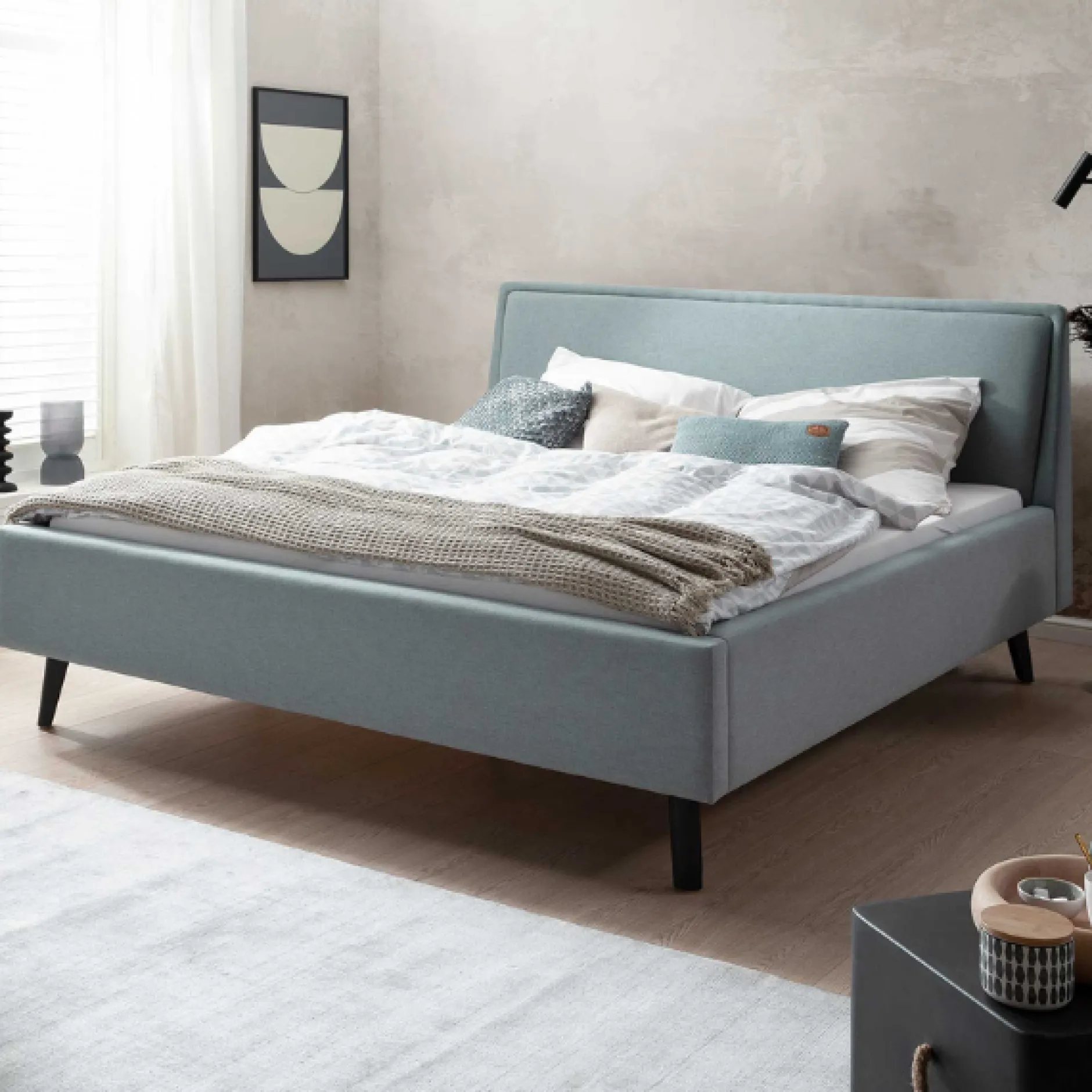 Doppelbett Estee 160x200cm mit Stauraum - eisblau/schwarz