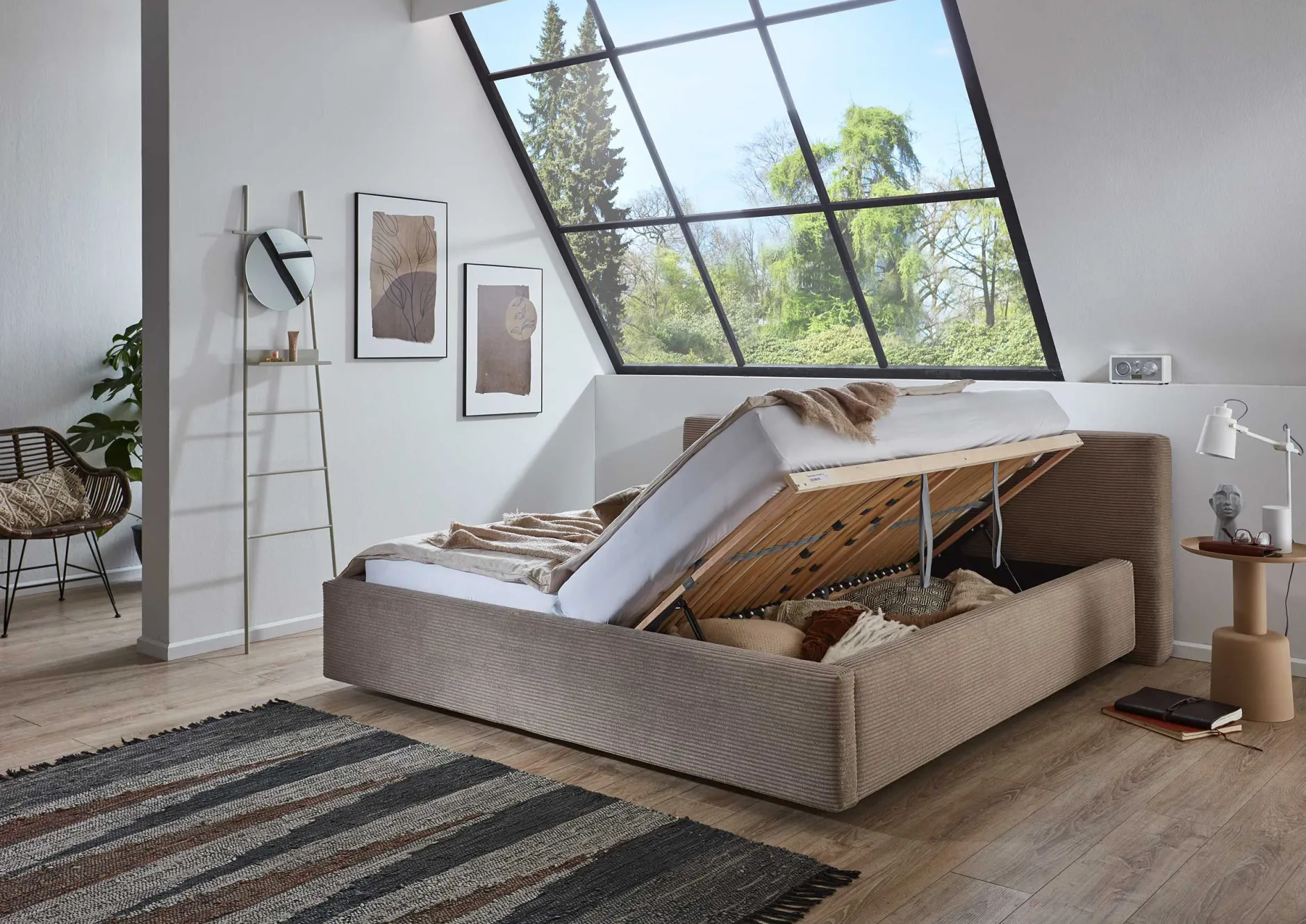 Doppelbett Kubrik 180x200cm mit Stauraum Rippe Samt - taupe