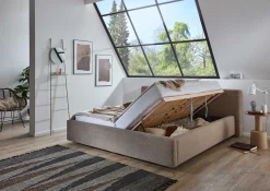 Doppelbett Kubrik 180x200cm mit Stauraum und Matratze - taupefarbener gerippter Samt