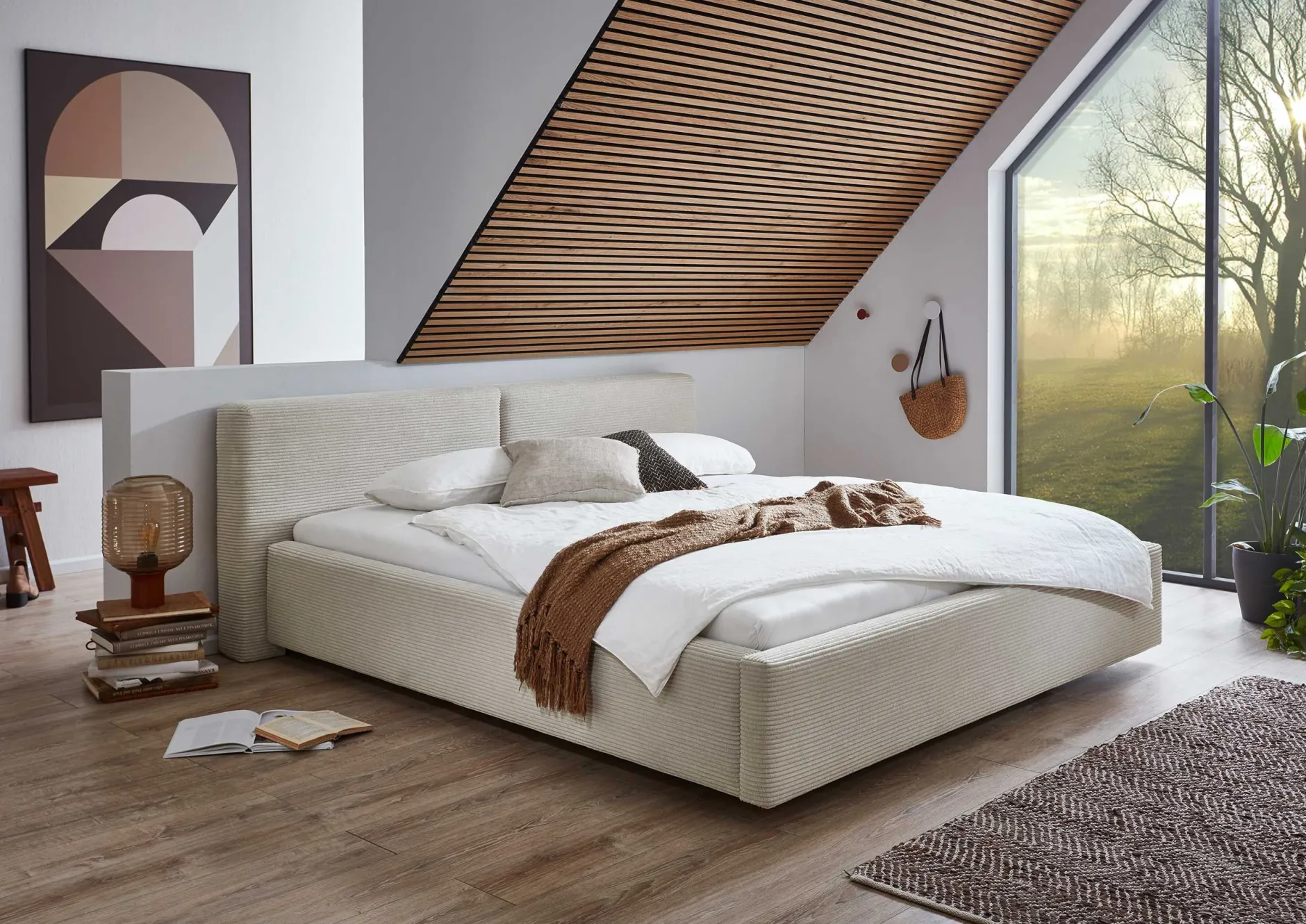 Doppelbett Kubrik 180x200cm mit Stauraum und Matratze - beige gerippter Samt