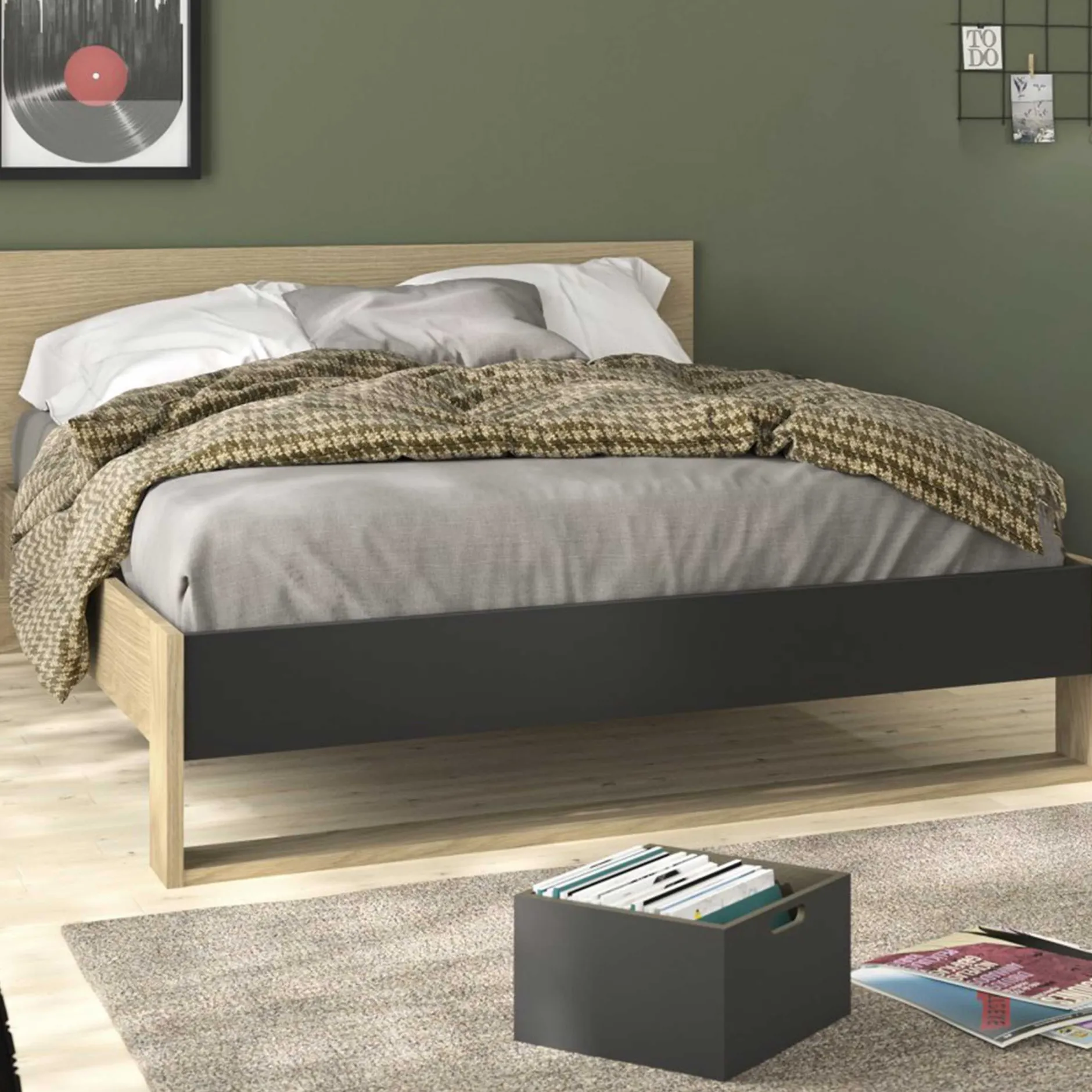 Doppelbett Nael - 140x200cm - Eiche Dekor/schwarz