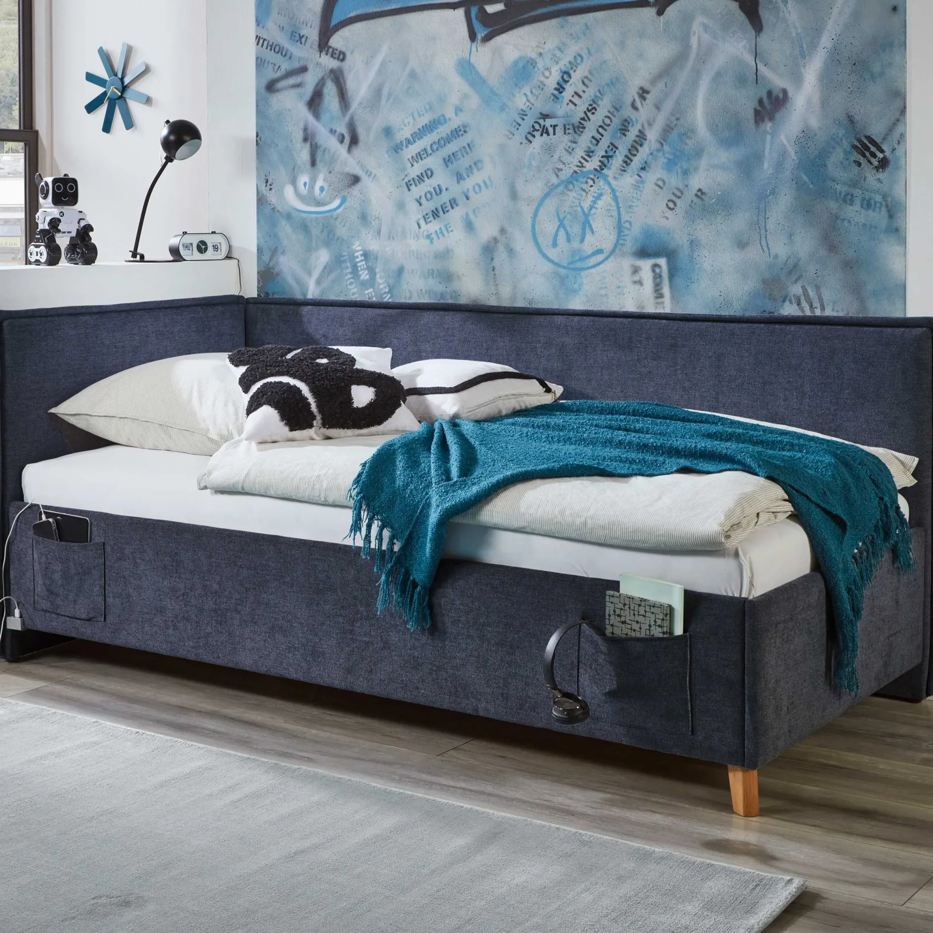 Doppelbett Ollie | Mit Rückenlehne | 140 x 200 cm | Dunkelblaues Design