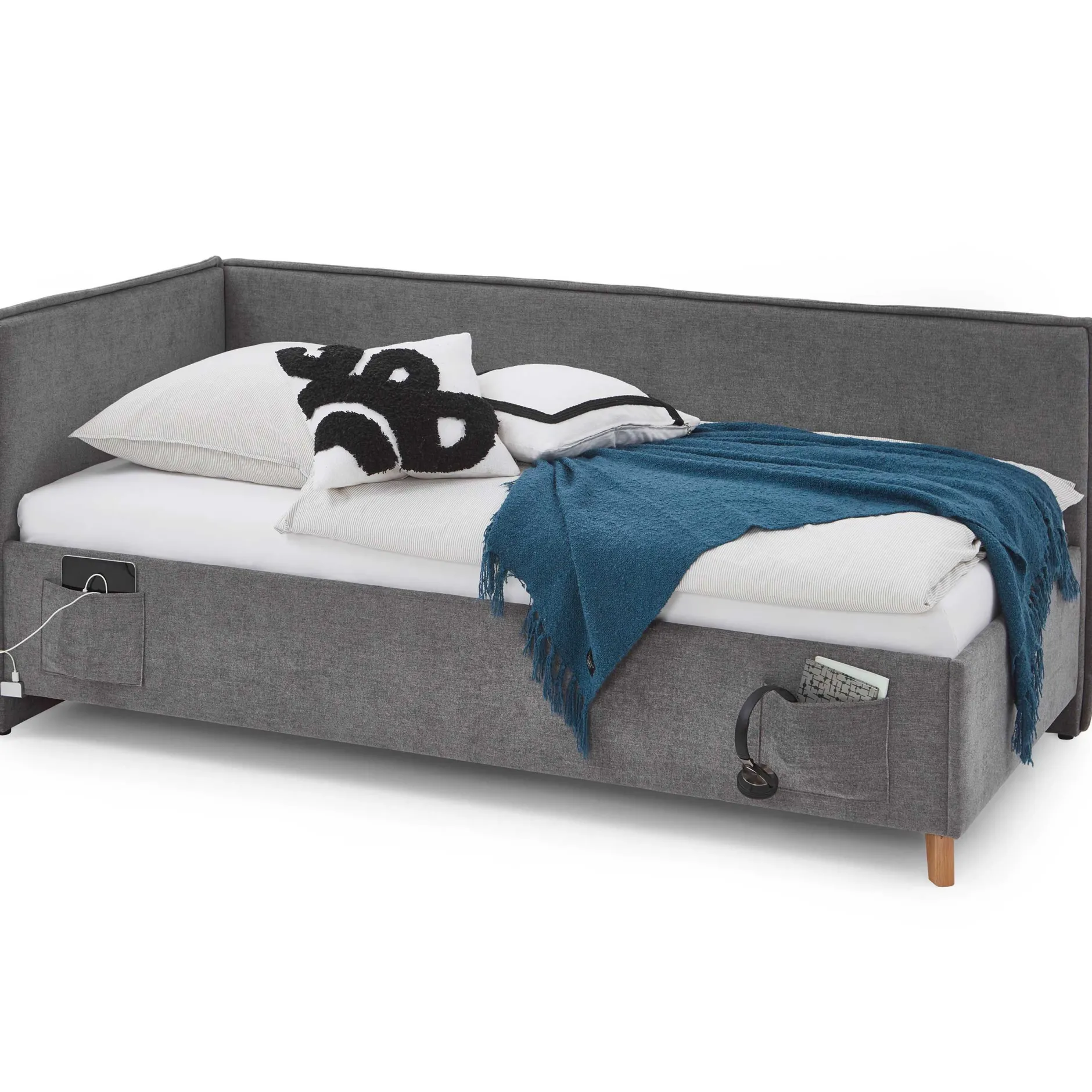 Doppelbett Ollie | Mit Rückenlehne | 140 x 200 cm | Design Grau