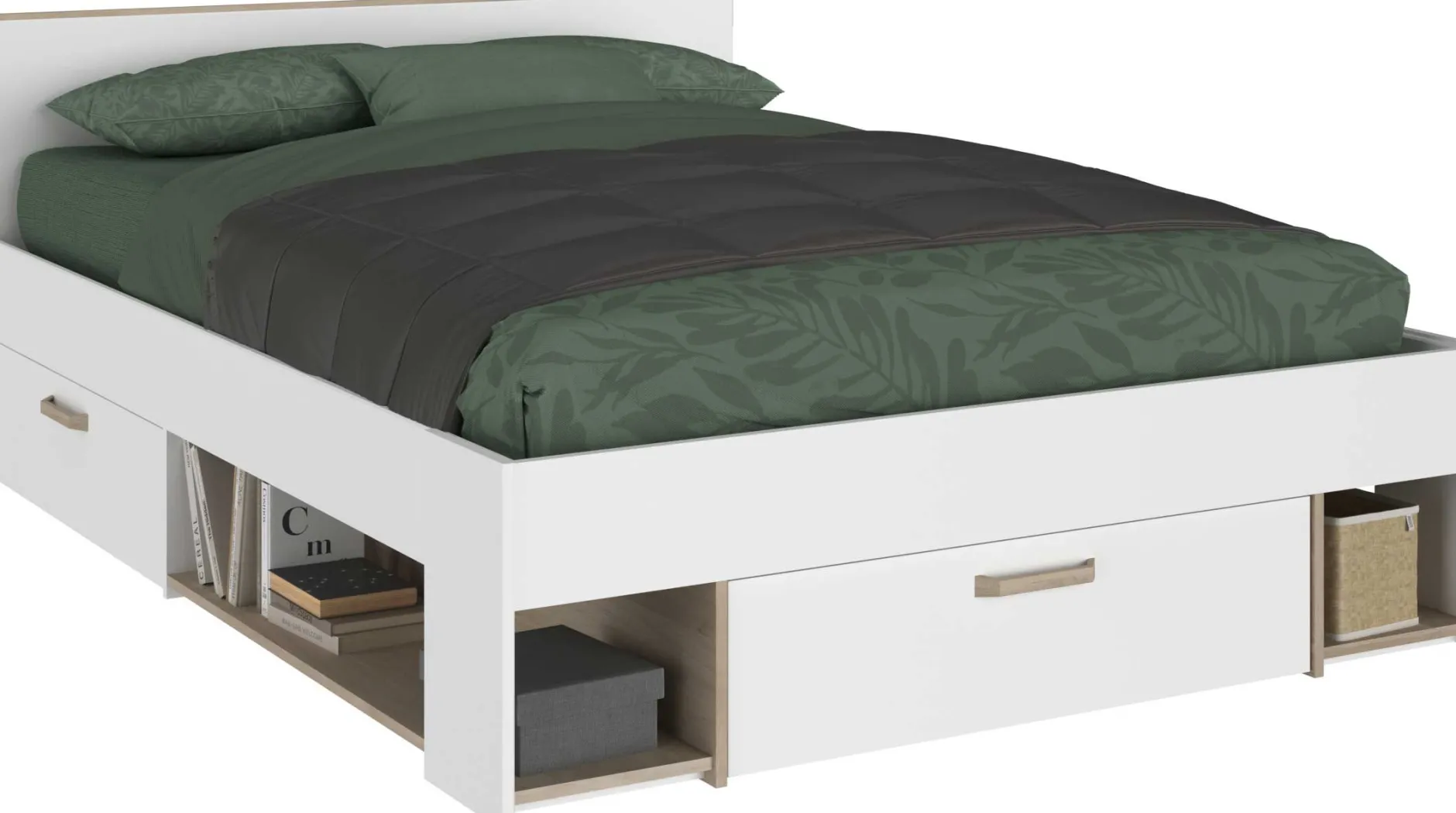 Doppelbett Sueno 140x200cm mit Stauraum - weiß/Eiche Dekor