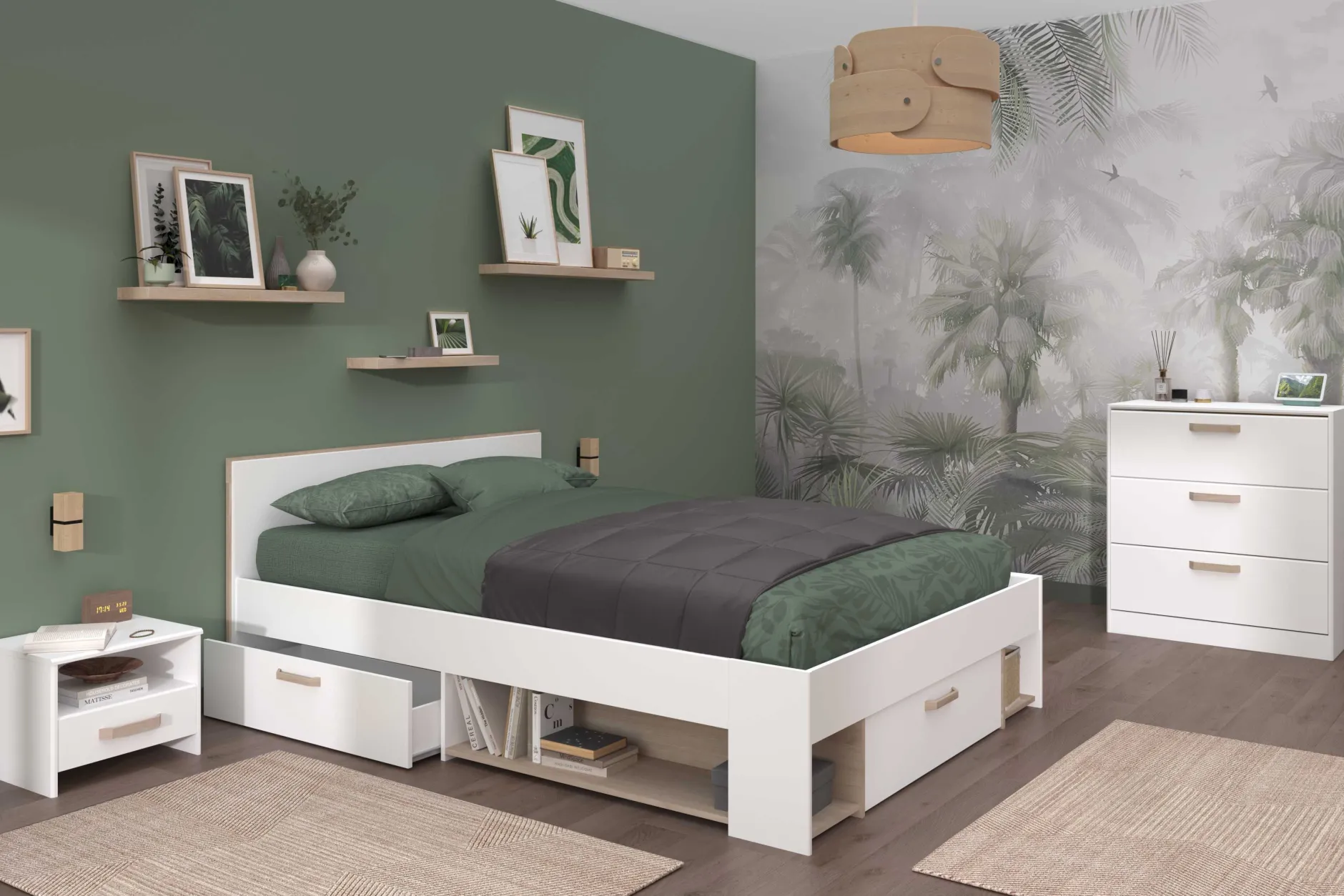 Doppelbett Sueno 140x200cm mit Stauraum - weiß/Eiche Dekor