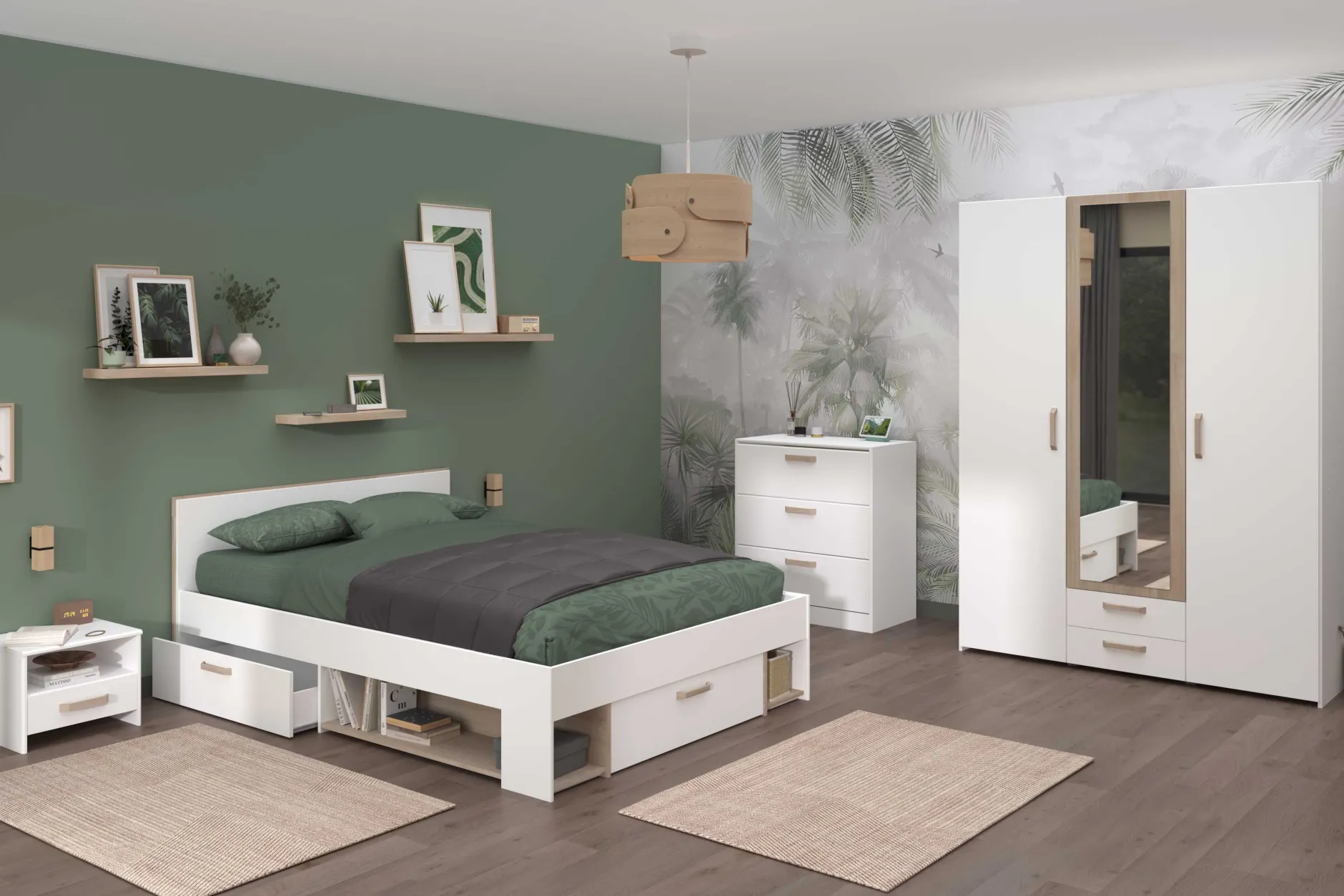 Doppelbett Sueno 140x200cm mit Stauraum - weiß/Eiche Dekor