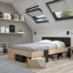 Doppelbett Swip 140x190cm, 2 Schubladen - Eiche Dekor/schwarz