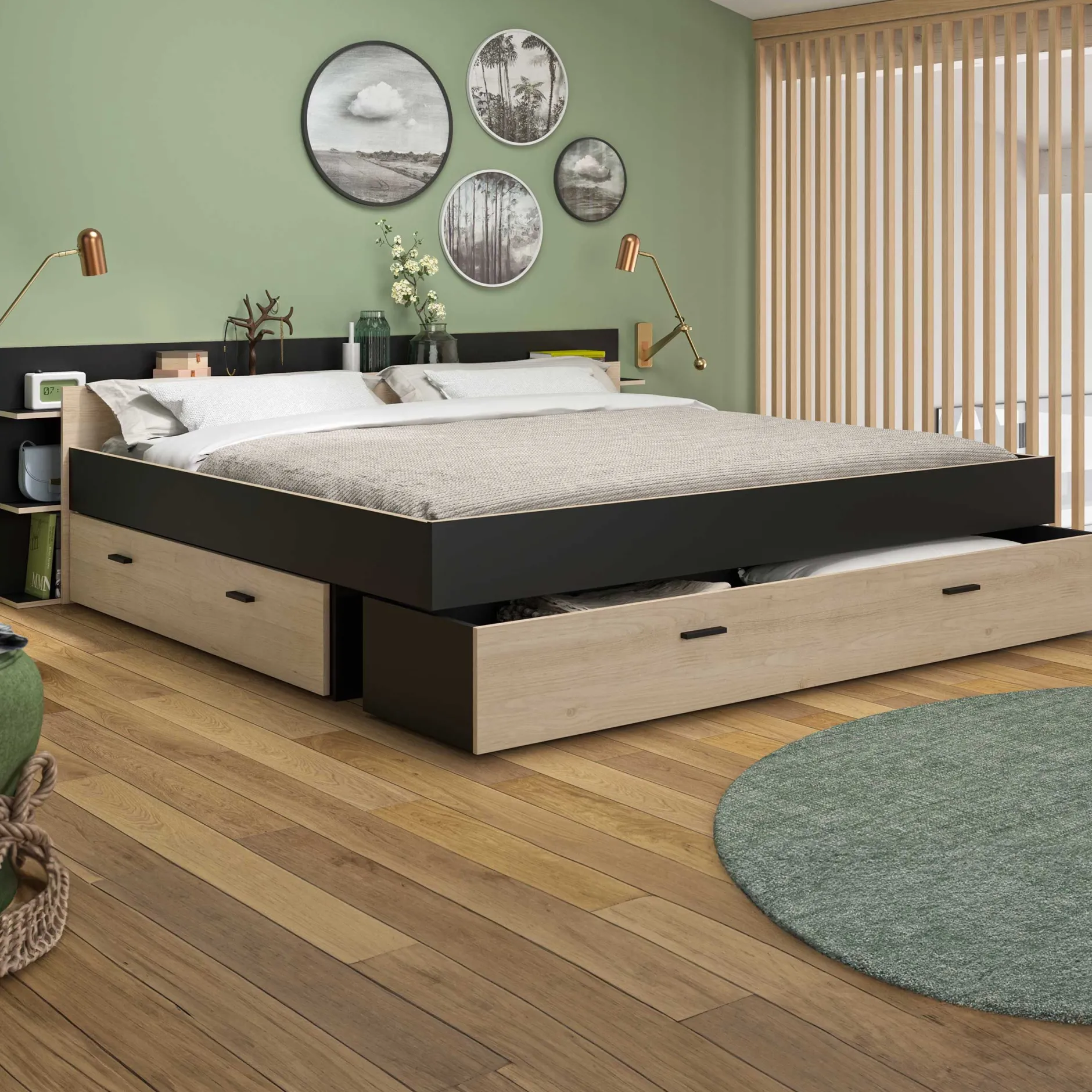 Doppelbett Tonight - 180x200cm - mit Schubladen - Eiche Dekor/schwarz
