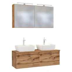 Doppelwaschtischunterschrank mit Spiegelschrank Dasa 120cm 4 Schubladen - Eiche wotan