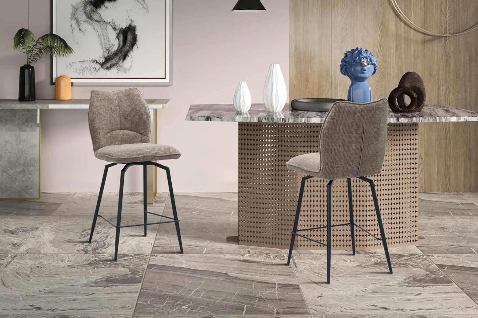 Drehbarer Barhocker Lara | 48 x 56 x 103 cm | Sandfarbenes Design