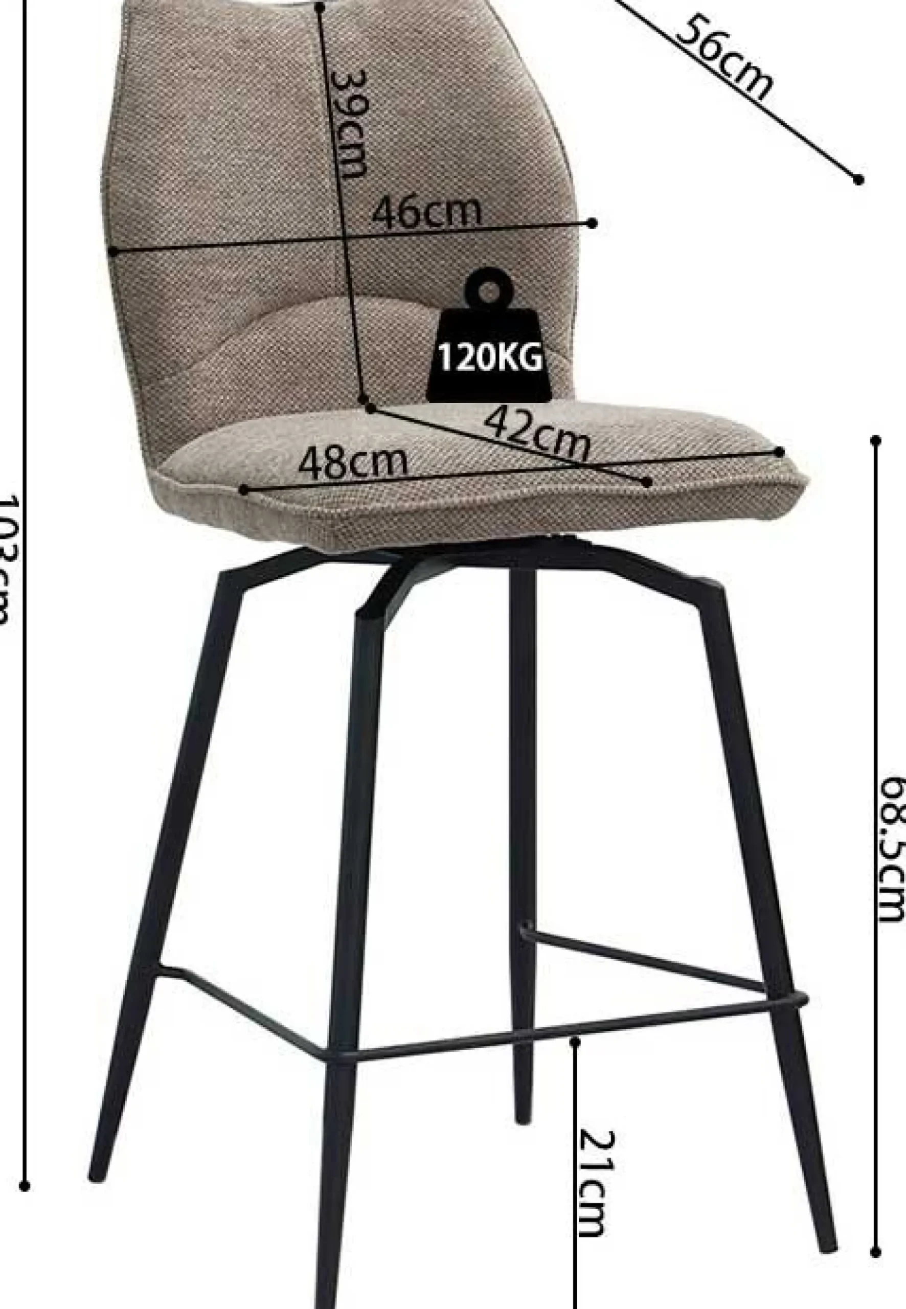 Drehbarer Barhocker Lara | 48 x 56 x 103 cm | Sandfarbenes Design