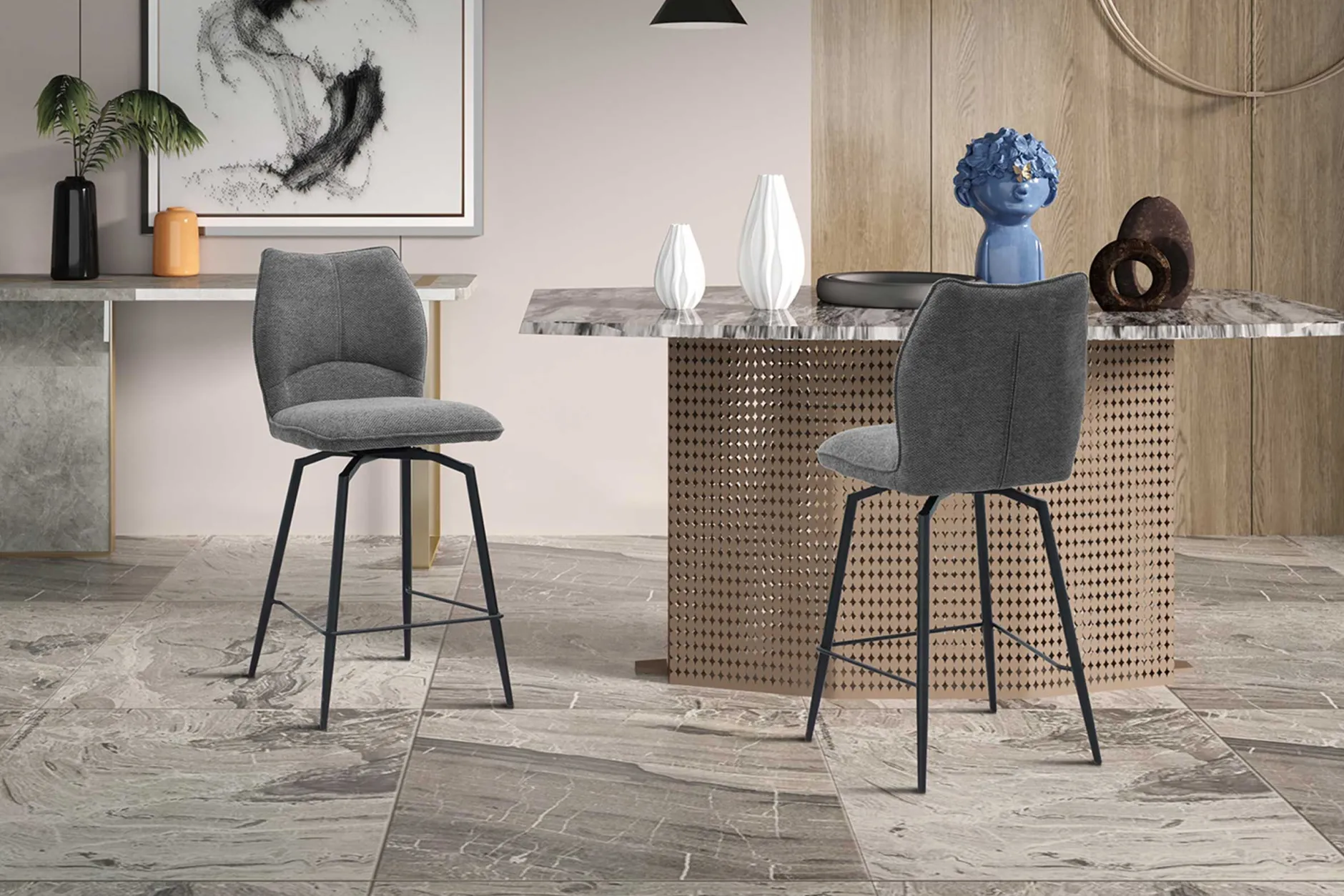 Drehbarer Barhocker Lara | 48 x 56 x 103 cm | Design Grau