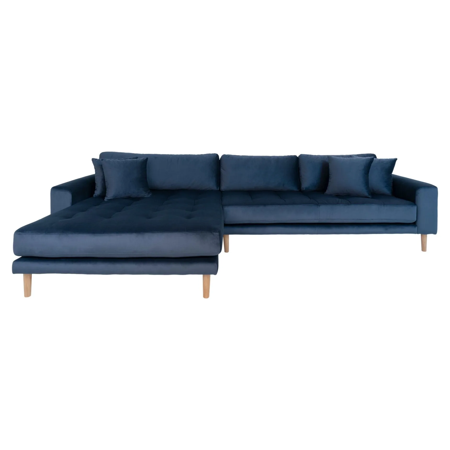 Dunkelblaues Lido Lounge Sofa mit Kissen und Holzbeinen
