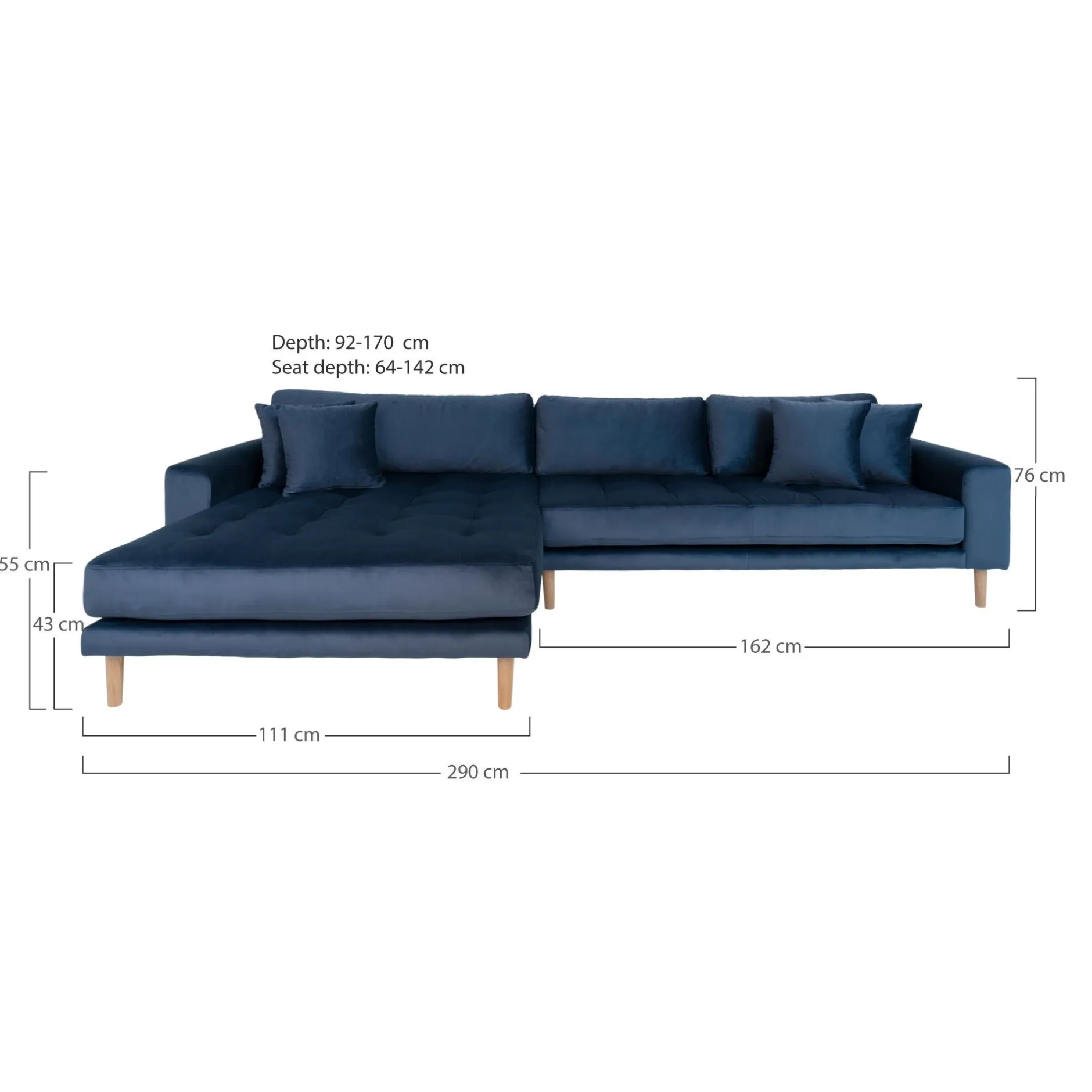 Dunkelblaues Lido Lounge Sofa mit Kissen und Holzbeinen
