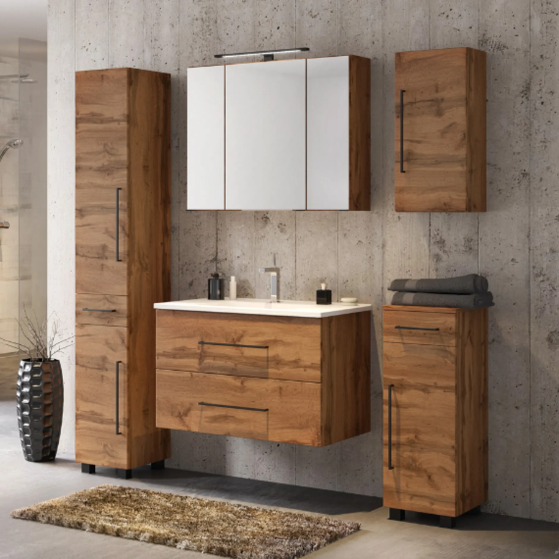 DusanBadezimmer : Säulenschrank, Spiegelschrank, Waschtischschrank, Hängeschränke - wotan oak