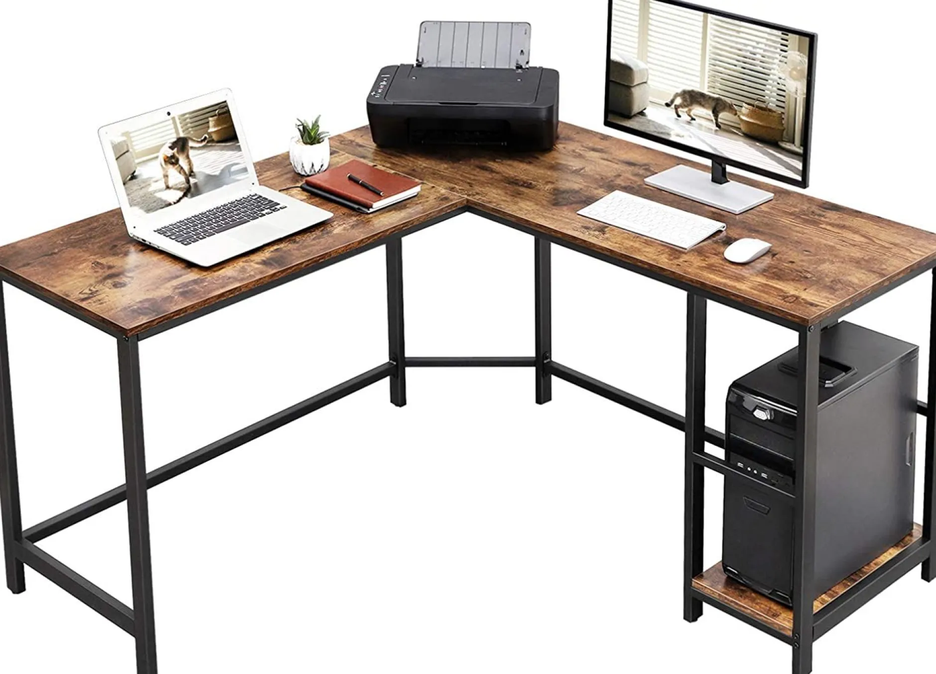 Eckschreibtisch Fabrice 138cm 2 Ablagen - rustikal braun/schwarz
