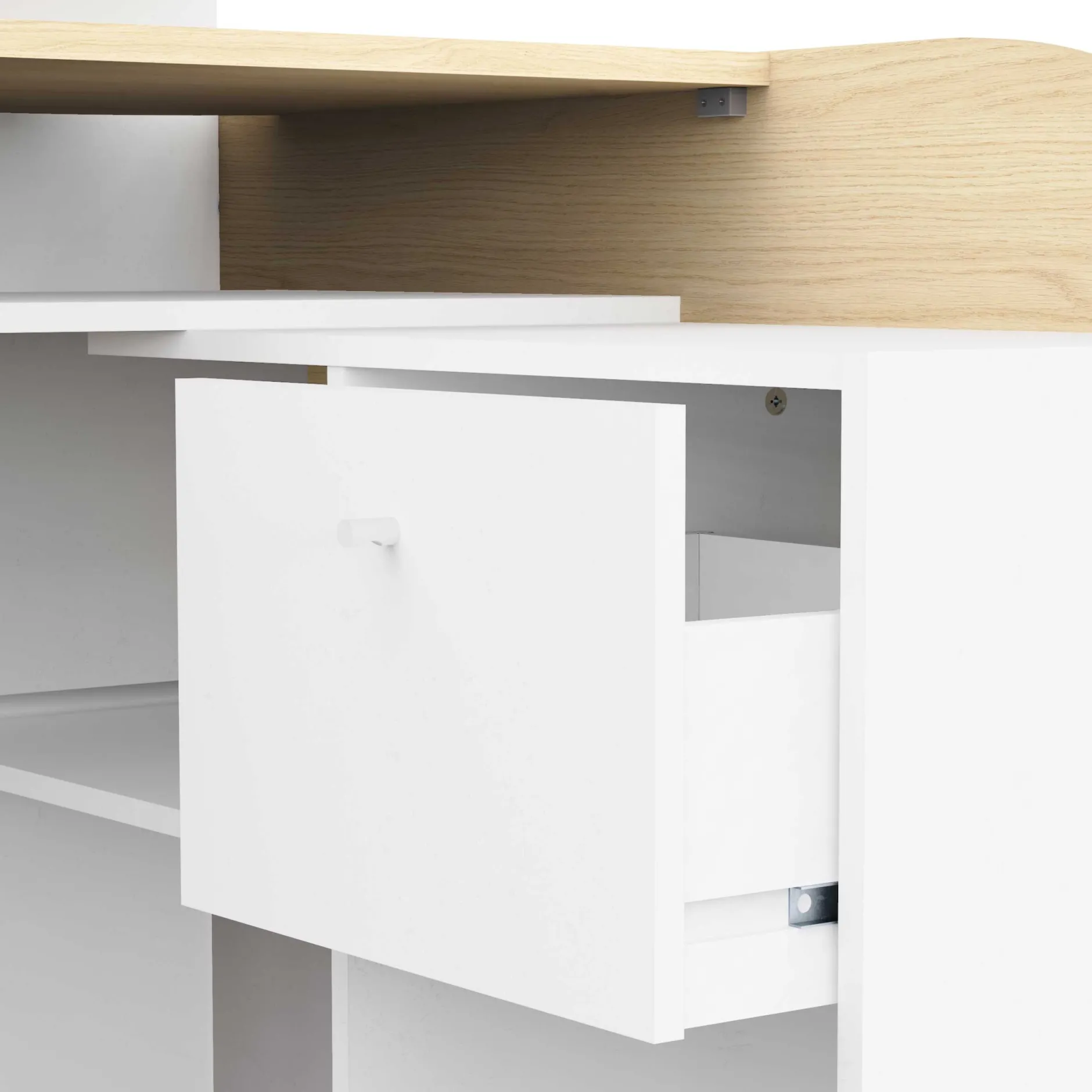 Eckschreibtisch Kemo - 108x128x90cm - mit Stauraum - Eiche Dekor/Weiß