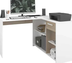 Eckschreibtisch Sil - 121x111x75cm - mit Stauraum - Eiche Dekor/Weiß