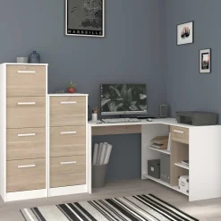 Eckschreibtisch Sil - 121x111x75cm - mit Stauraum - Eiche Dekor/Weiß