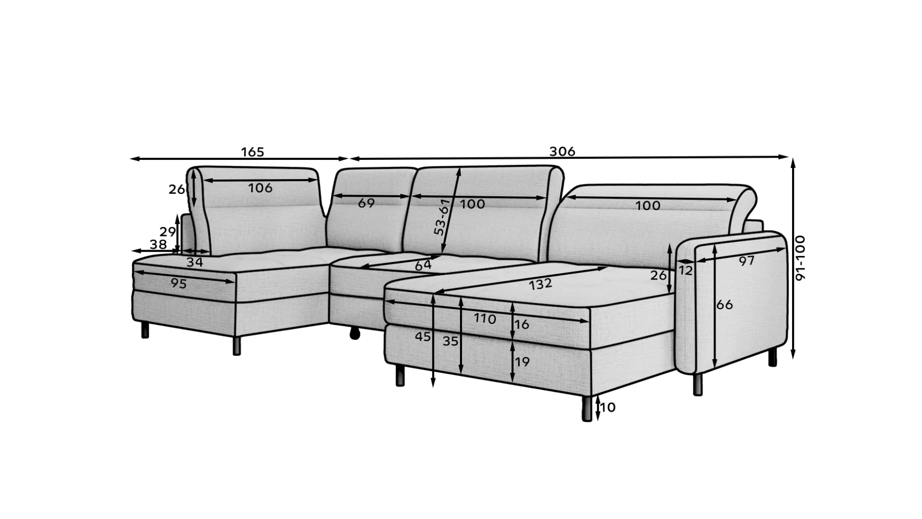 Ecksofa Bernardo | 306 x 165 x 100 cm | Beige