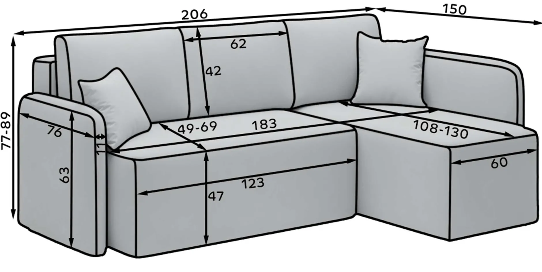Ecksofa Henrichs | 206 x 150 x 89 cm | Dunkelgrau