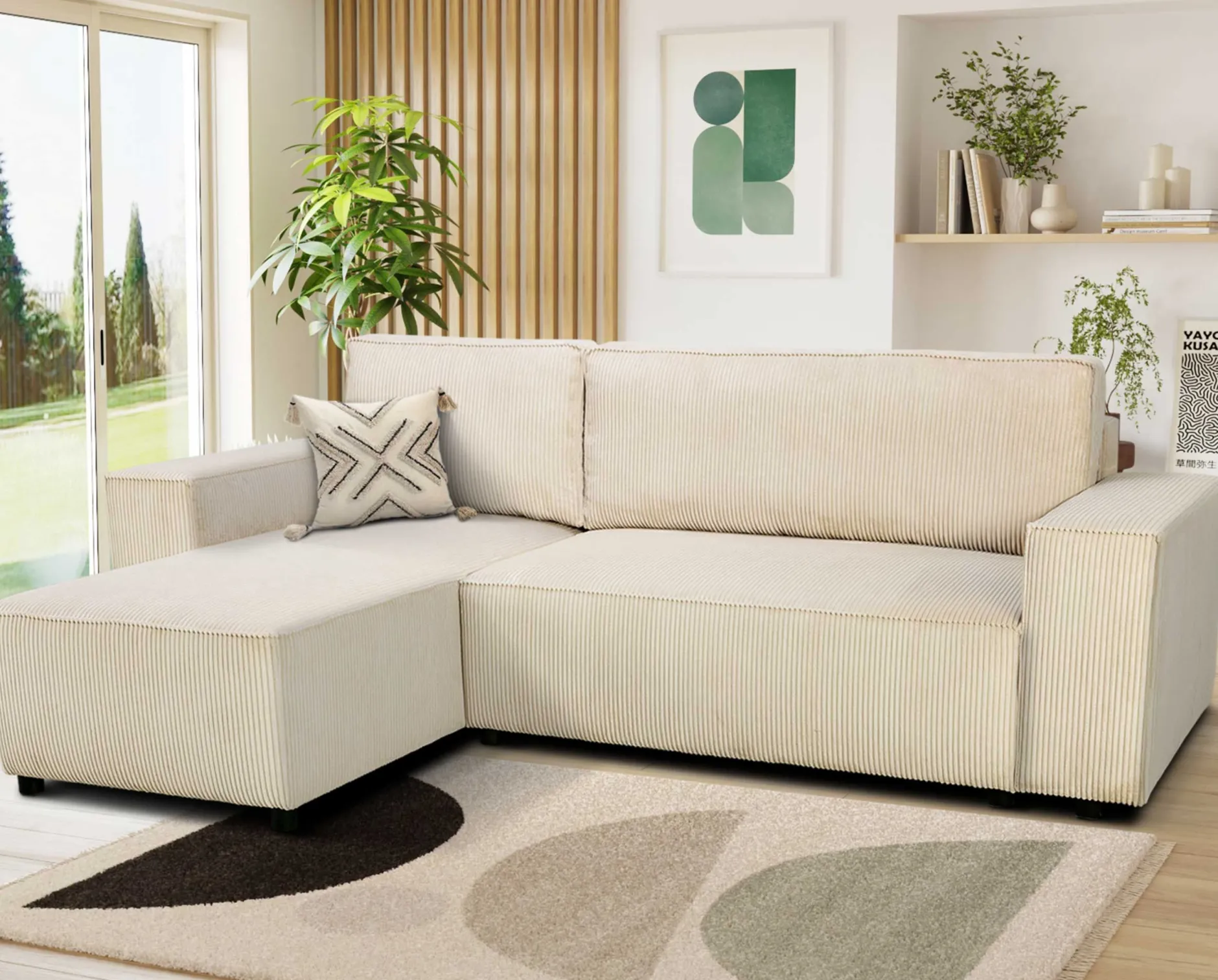 Ecksofa Josh links - mit Stauraum - beige gerippter Samt